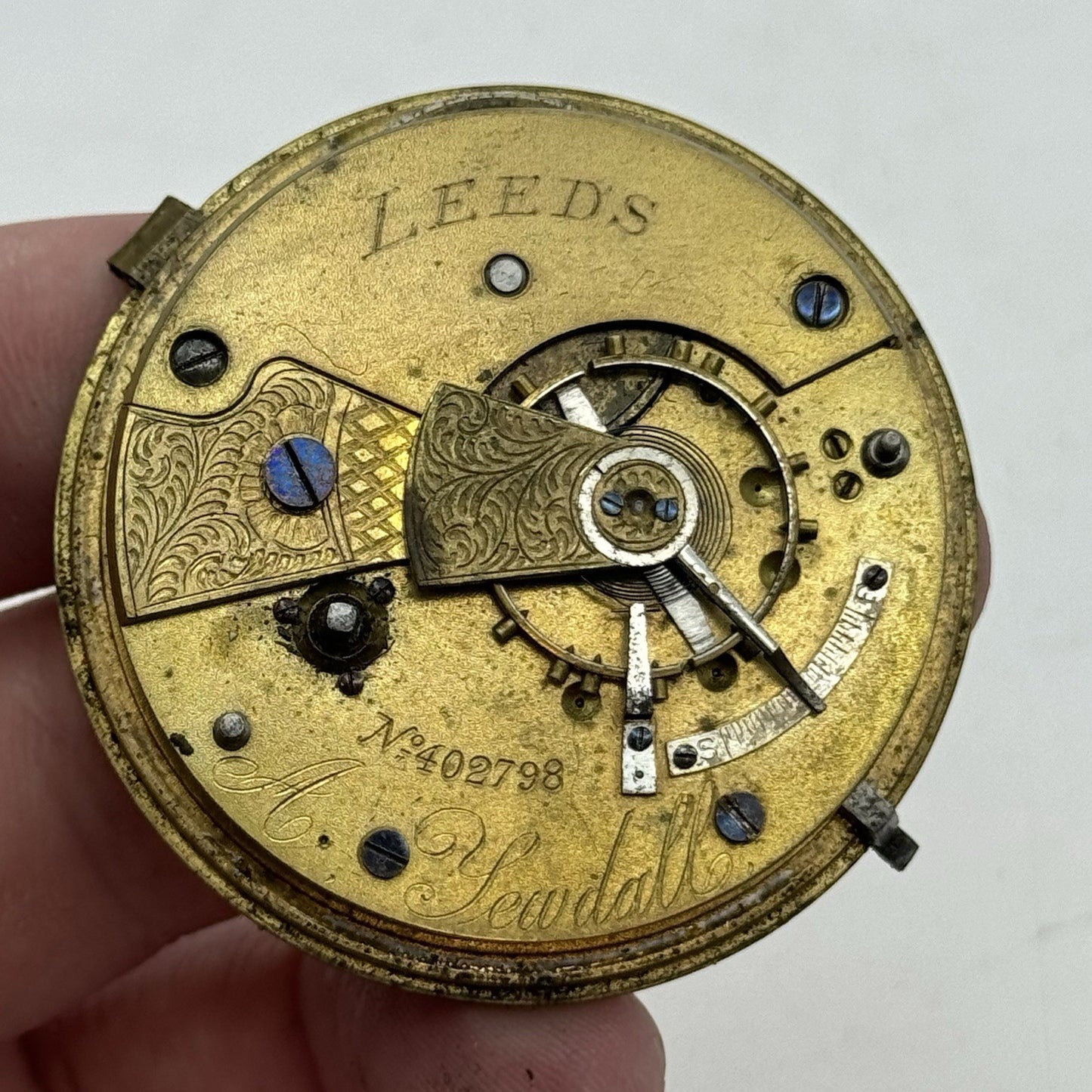 50mm A Yewdall Leeds English Fusee Pocket Watch Movement - Chain Present PARTS