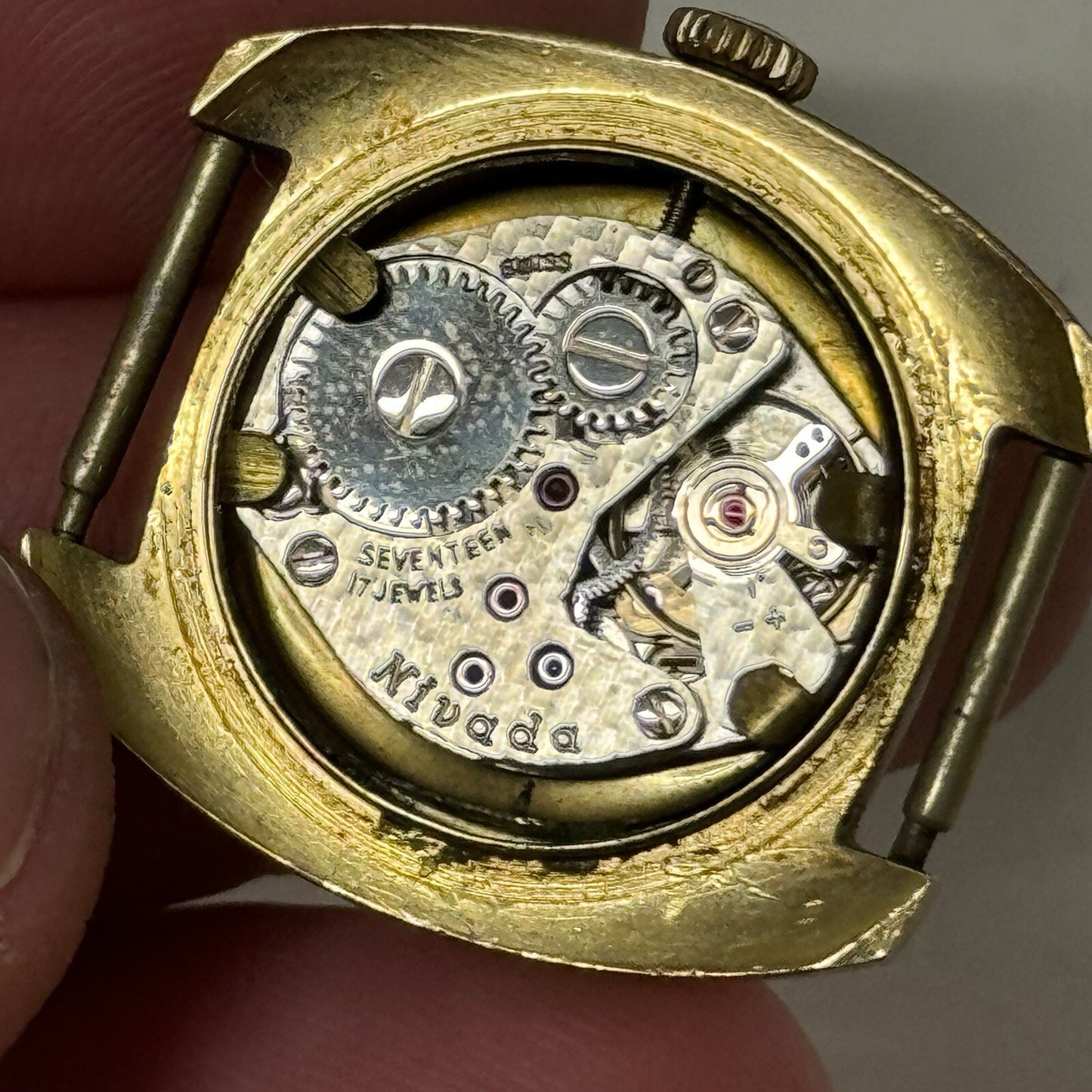 24mm Ladies Manual Wind Nivada Gold Plated Watch Head RUNS FOR PARTS TO RESTORE