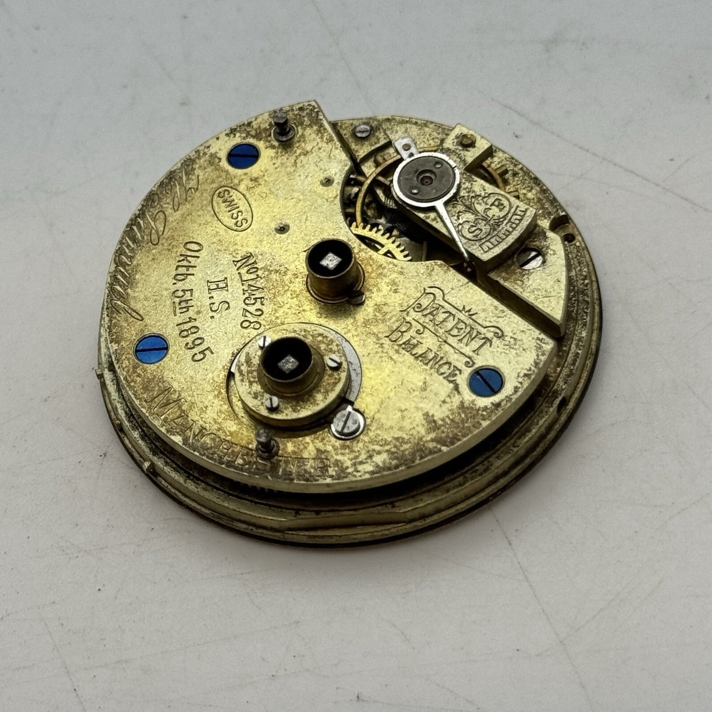43.4mm H Samuel Patent Balance Pocket Watch Movement Parts Repair Restoration
