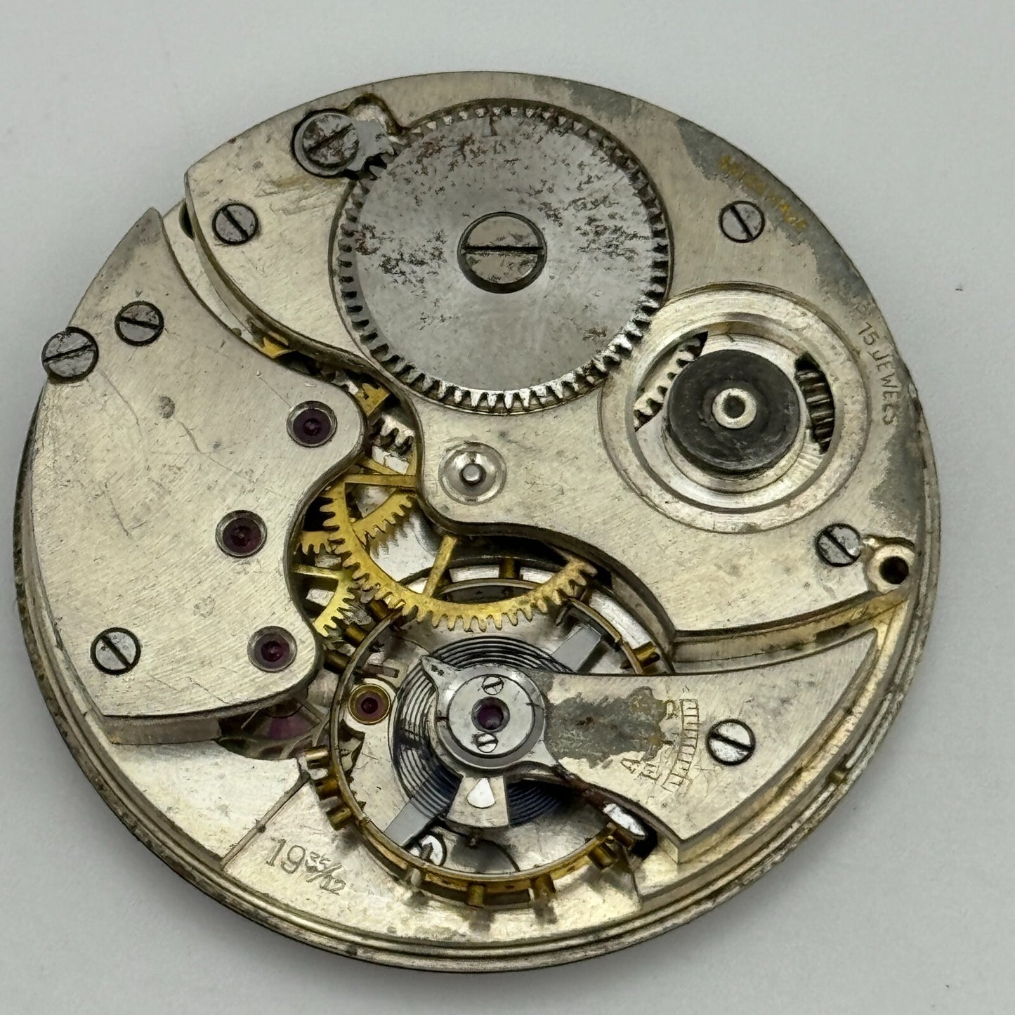 42.8mm Buren 19 35/12 Swiss Open Face J G Graves Pocket Watch Movement PARTS