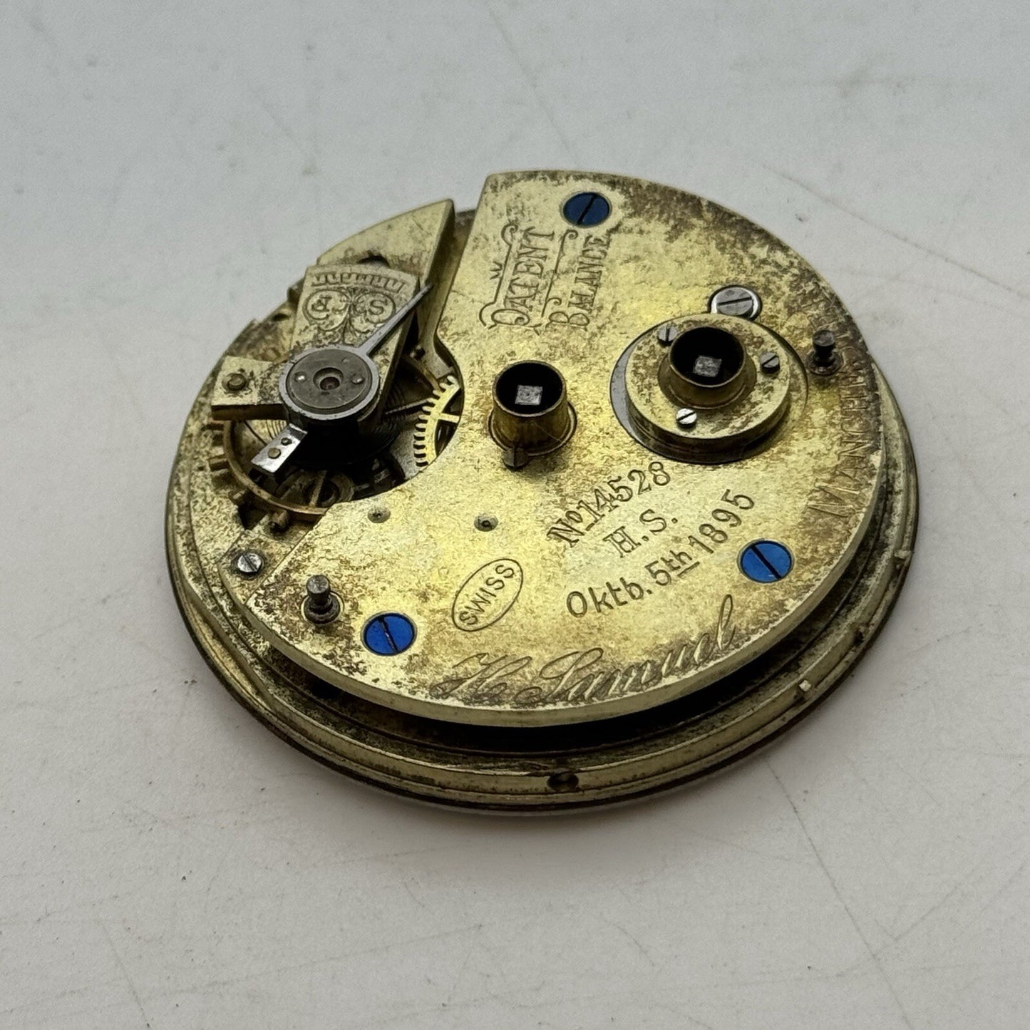 43.4mm H Samuel Patent Balance Pocket Watch Movement Parts Repair Restoration