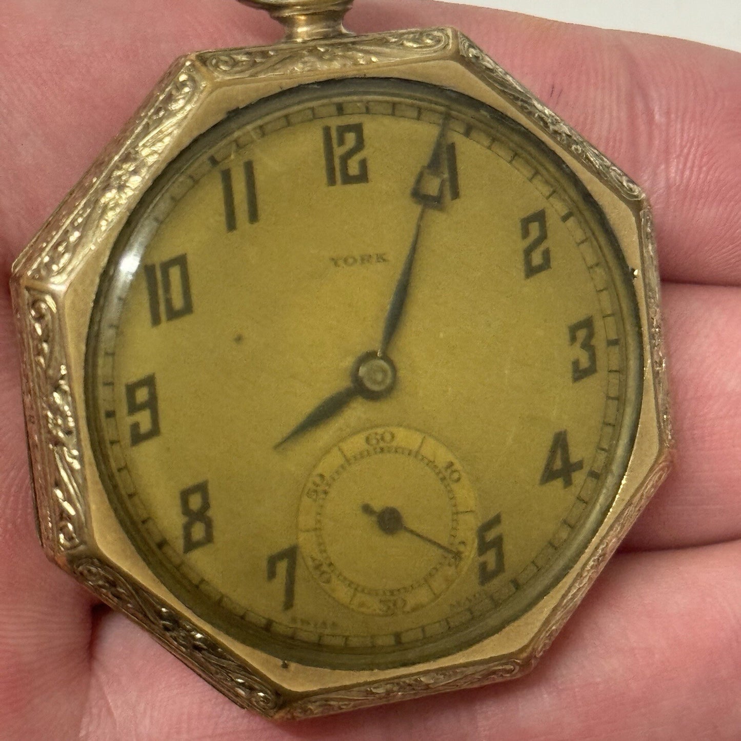 43mm WORKING Vintage Gold Filled York Octagonal Nawco Challenge Pocket Watch