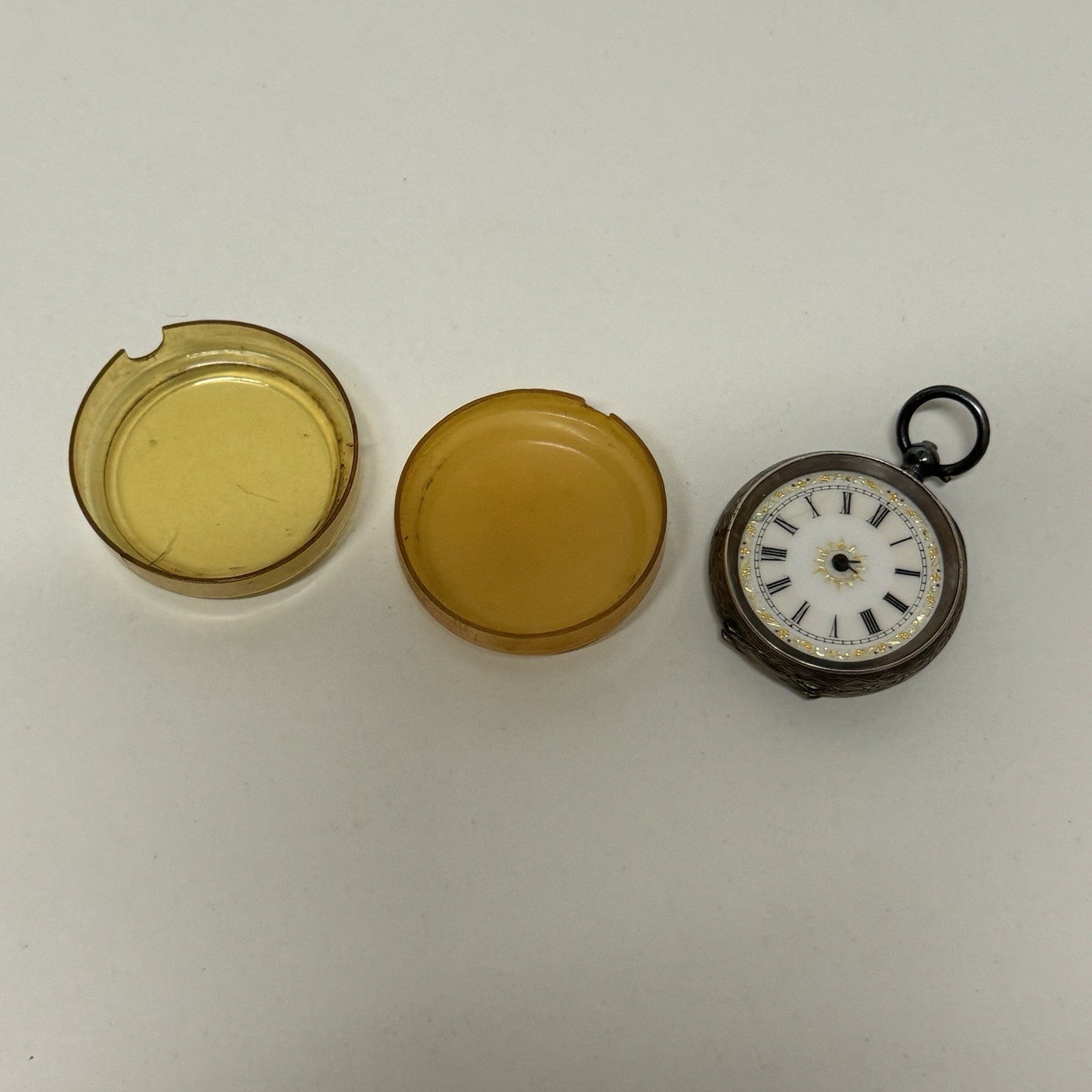 Antique Sterling Silver Patterned Dial Cylinder Pocket Watch & Outer Case PARTS