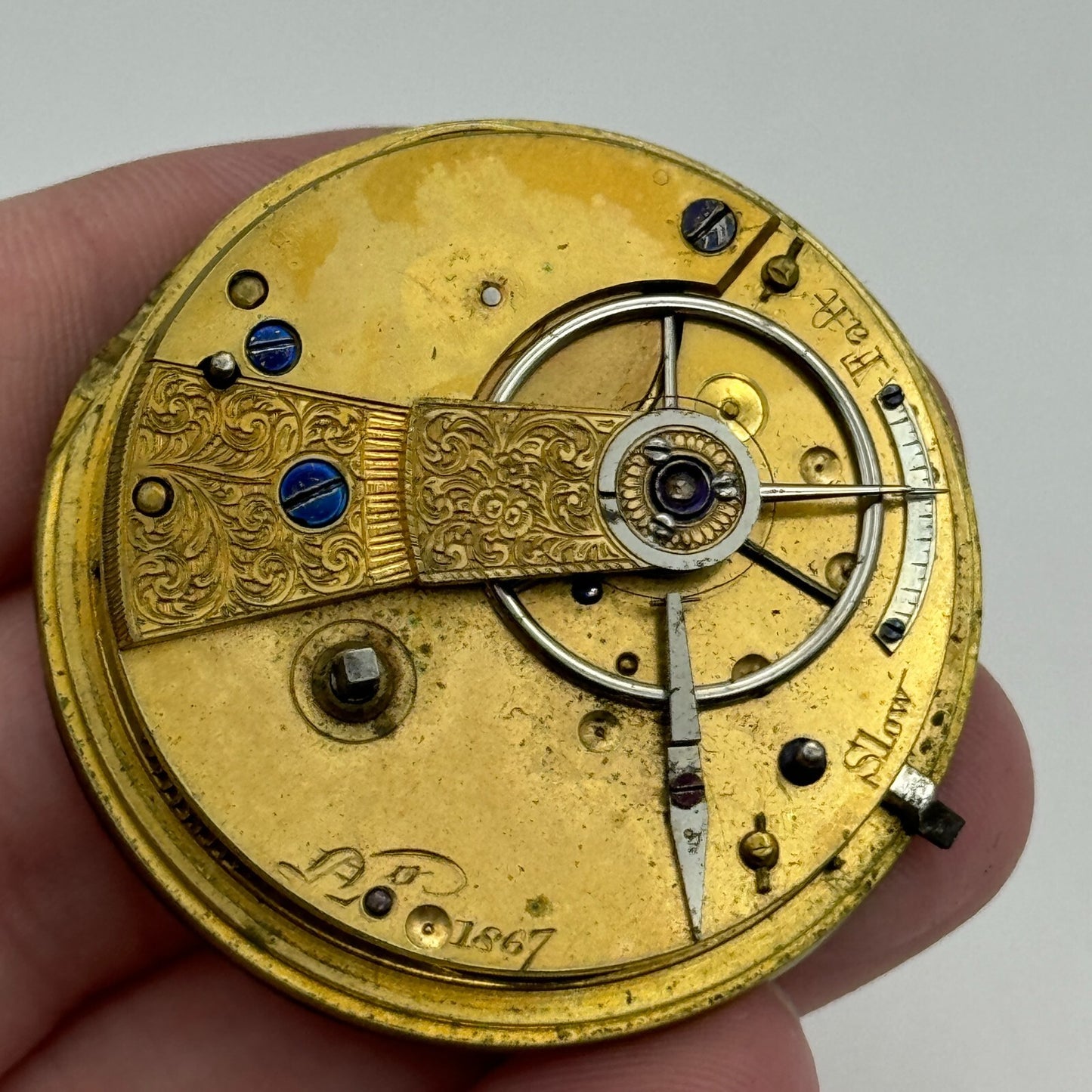 44.3mm Antique Unidentified Fusee Balance Intact Pocket Watch Movement PARTS