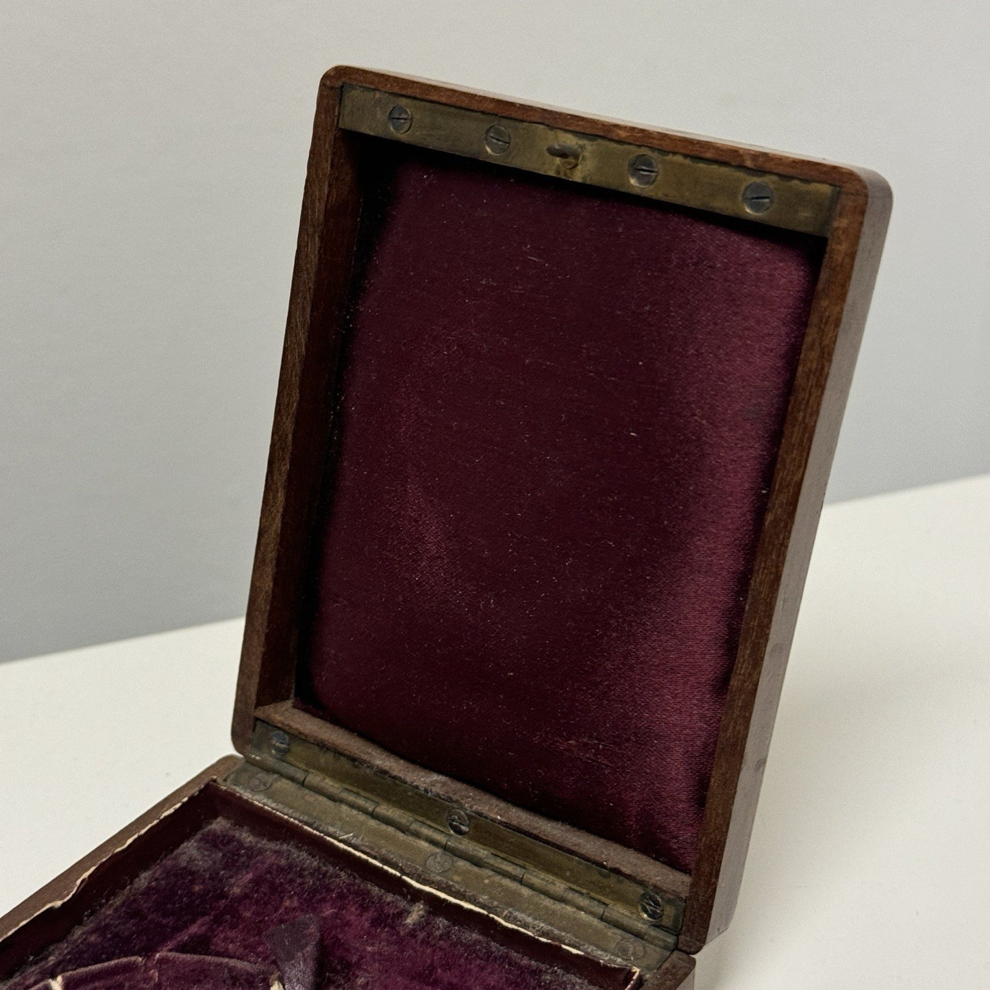 8cm x 10.5cm Antique Wooden Pocket Watch Box Purple Velvet Interior To Restore
