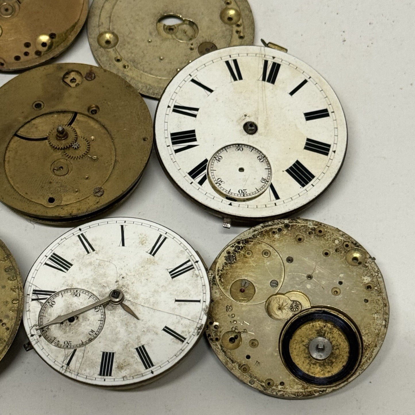 8 x Antique Manual Wind Pocket Watch Movements Parts Repair Bundle Job Lot