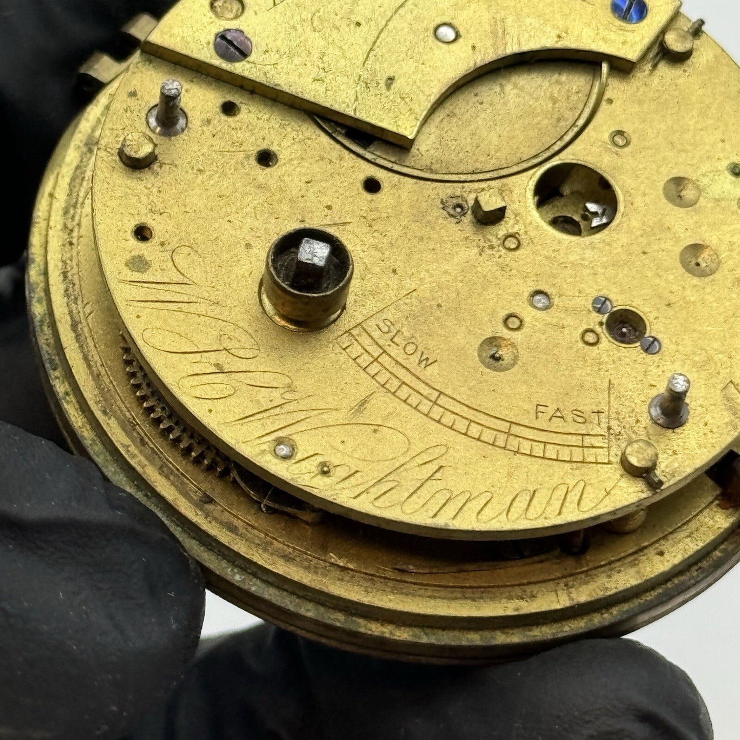 50mm W H Wightman East Kirkby-Notts Large Fusee Pocket Watch Movement FOR PARTS
