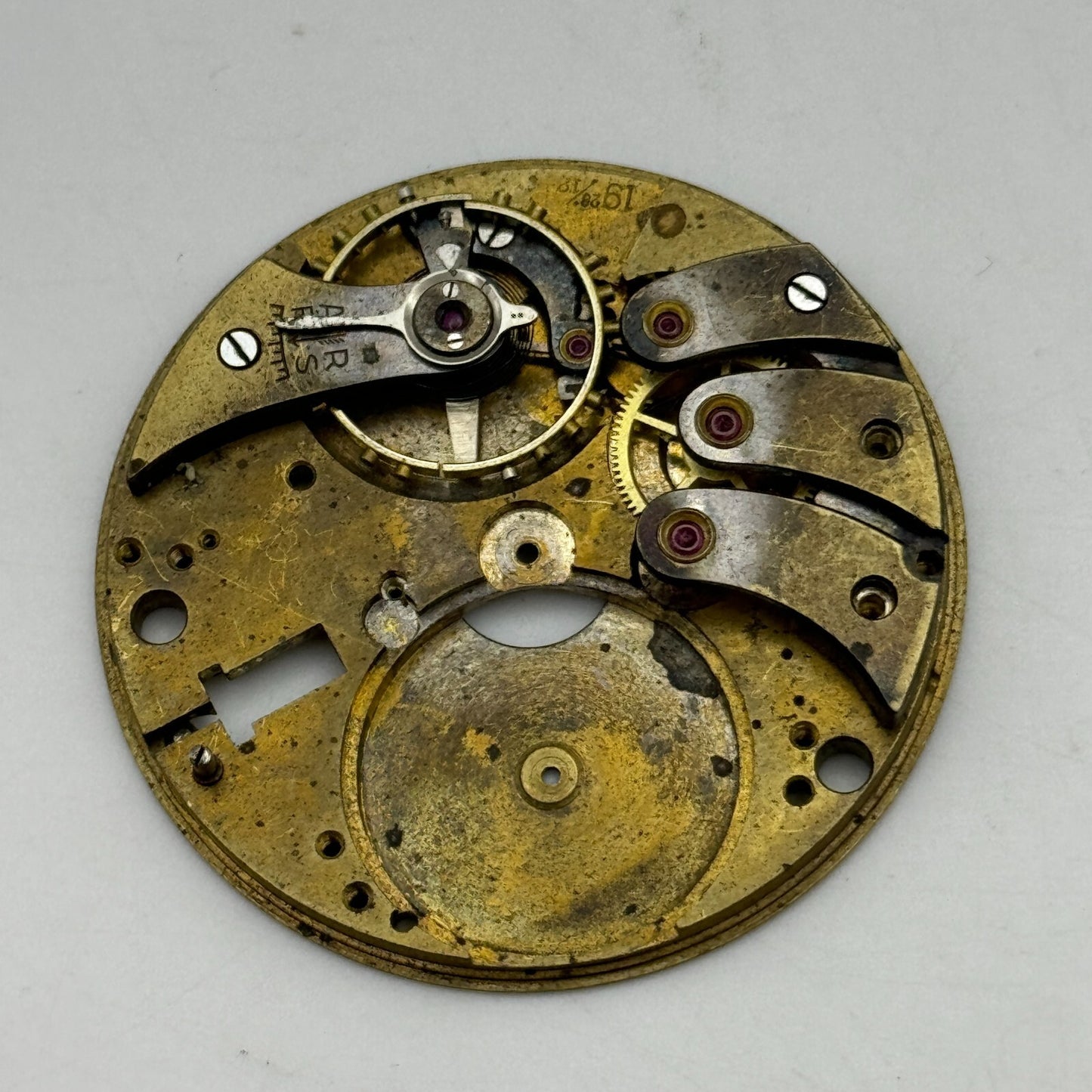 42.9mm Buren 19 28/12 Balance Intact Partial Pocket Watch Movement PARTS SPARE