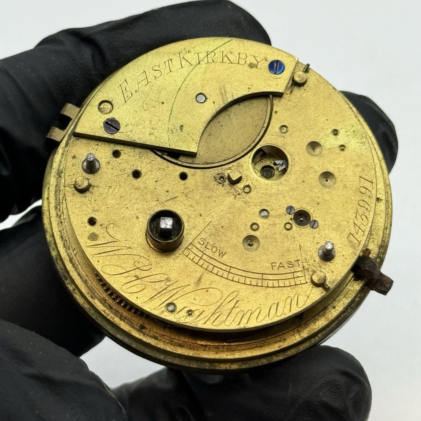 50mm W H Wightman East Kirkby-Notts Large Fusee Pocket Watch Movement FOR PARTS