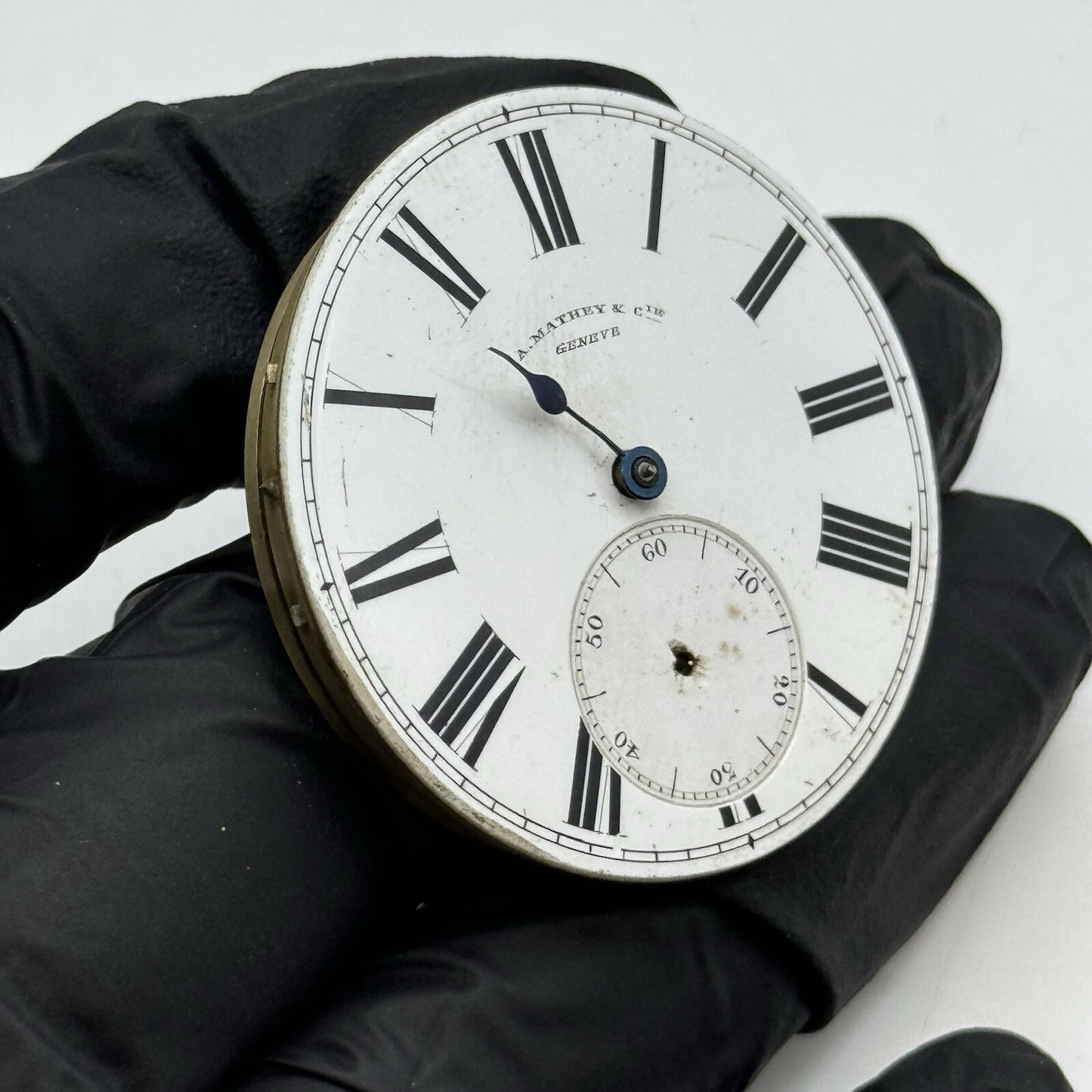 41mm A Mathey & Cie Geneve Pocket Watch Movement Dial FOR PARTS Restoration