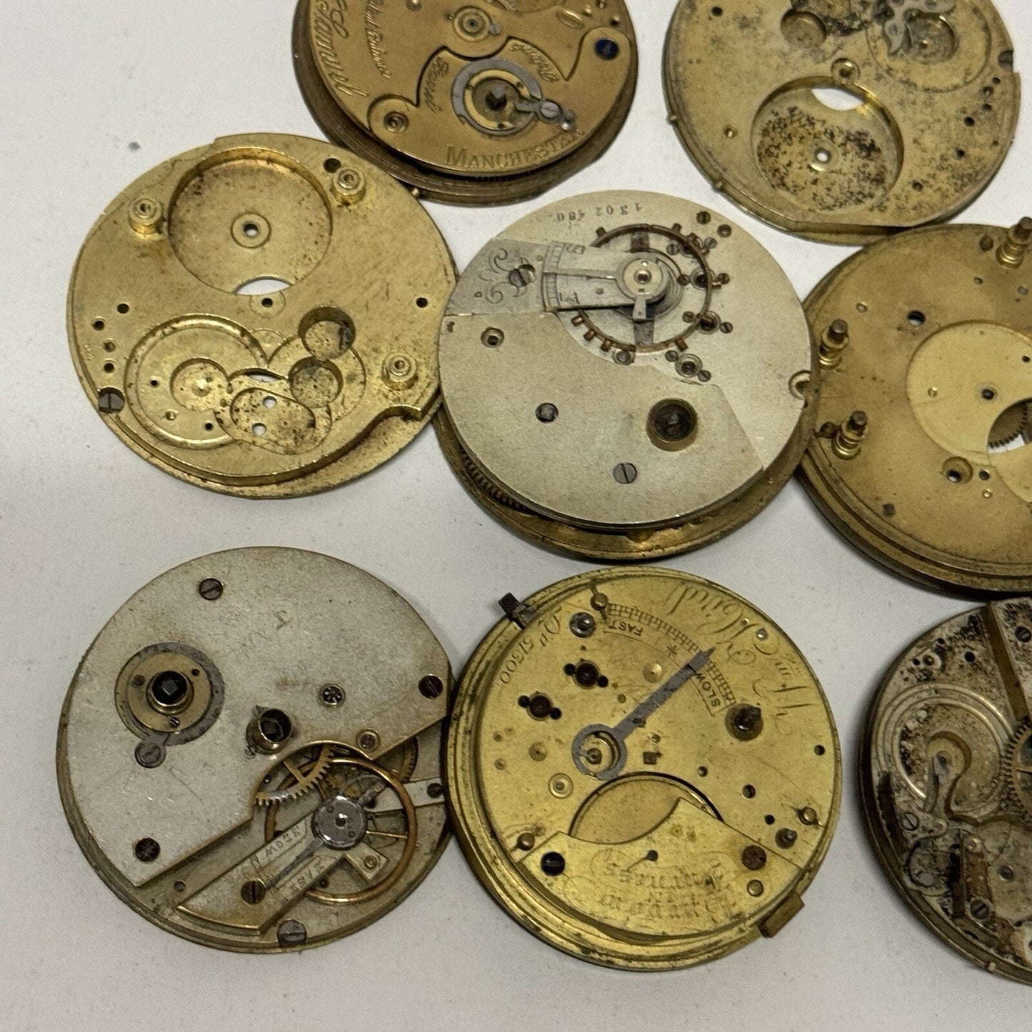 8 x Antique Manual Wind Pocket Watch Movements Parts Repair Bundle Job Lot