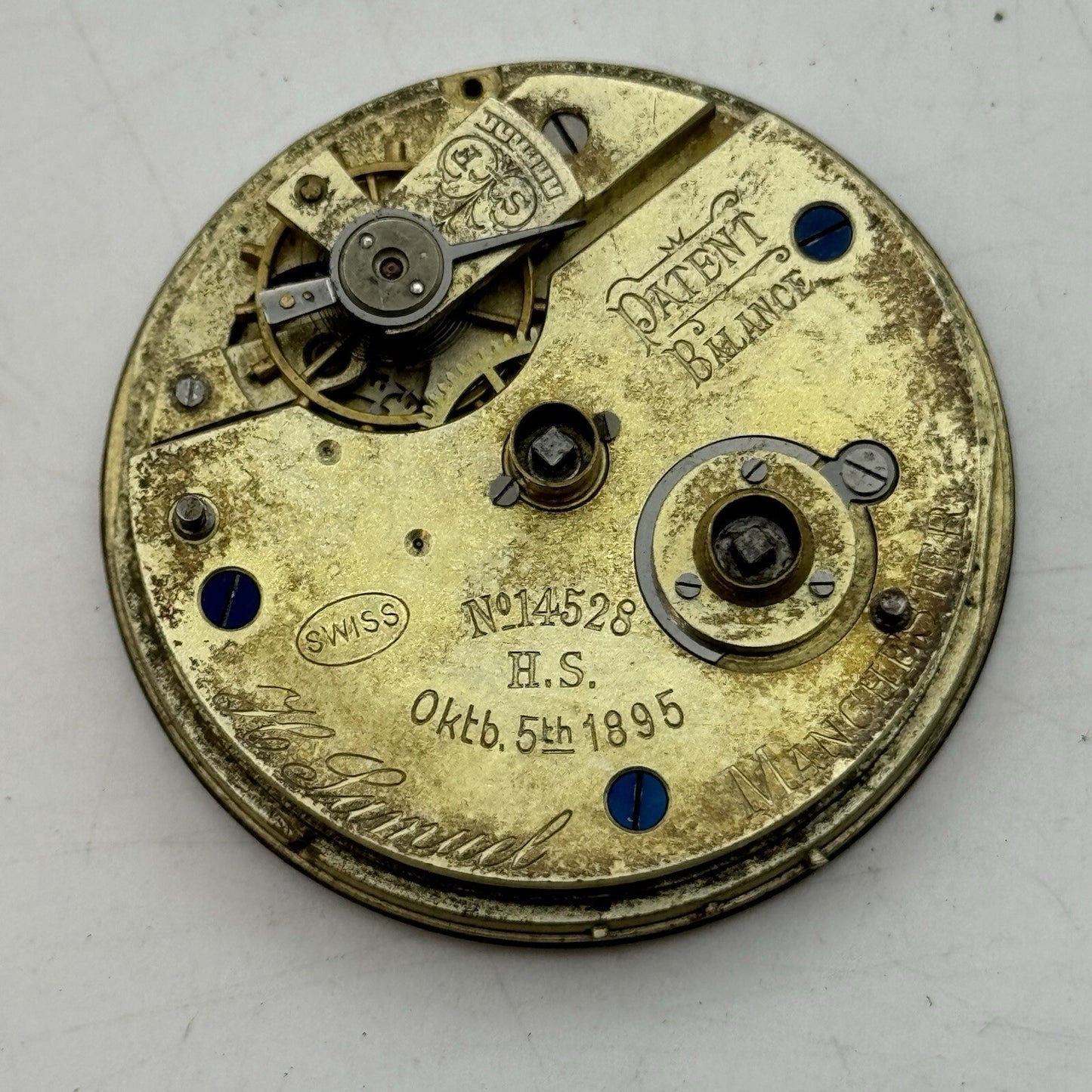 43.4mm H Samuel Patent Balance Pocket Watch Movement Parts Repair Restoration
