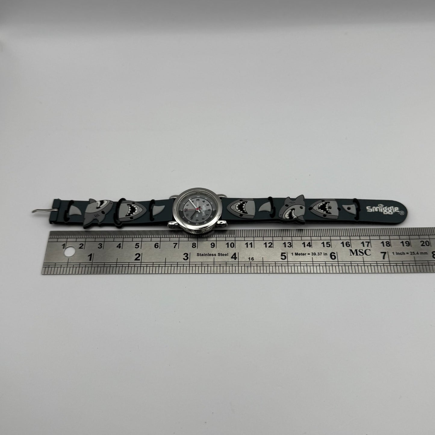 Smiggle Kids Quartz Watch Grey Dial Shark Print Strap Working 27mm NO CLASP