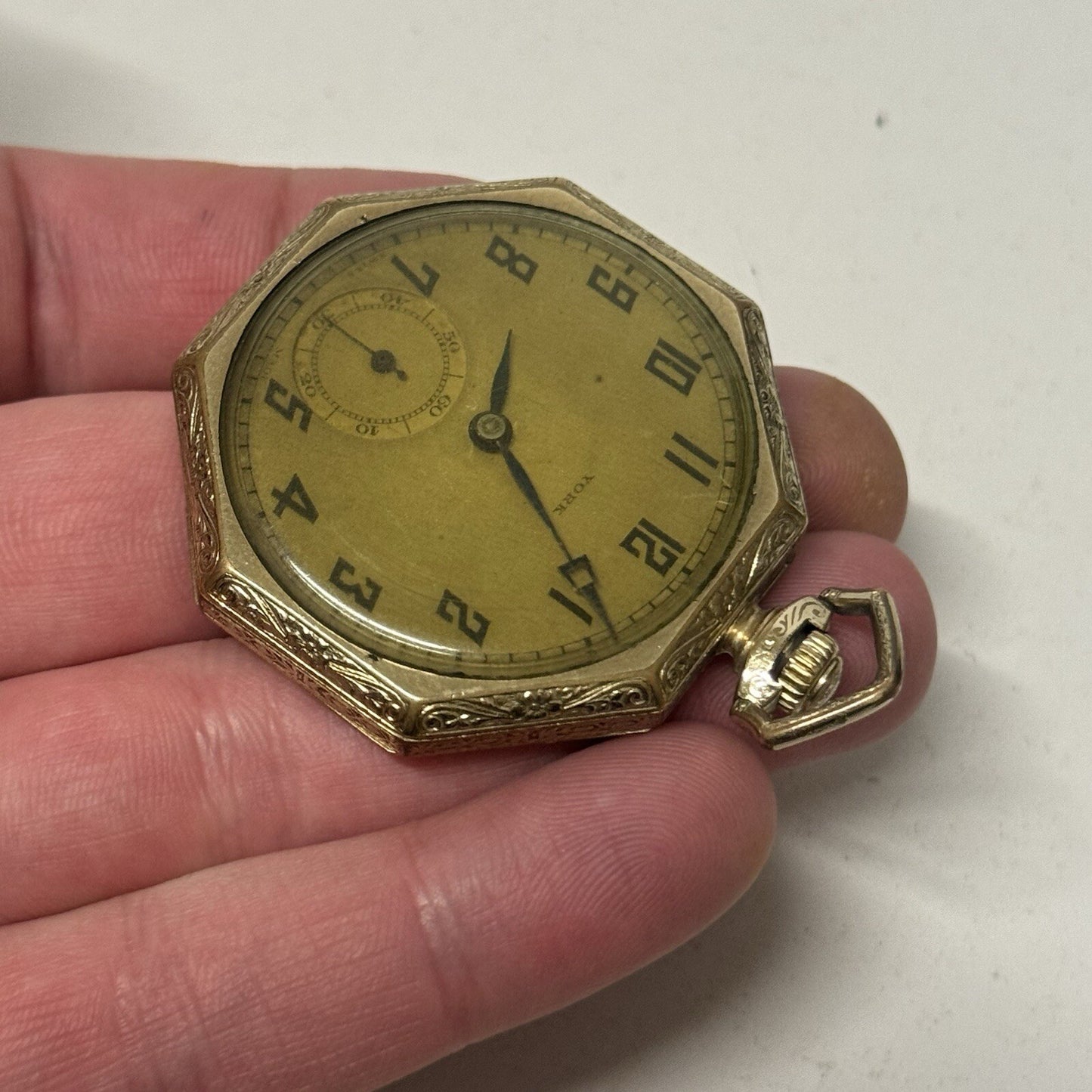43mm WORKING Vintage Gold Filled York Octagonal Nawco Challenge Pocket Watch