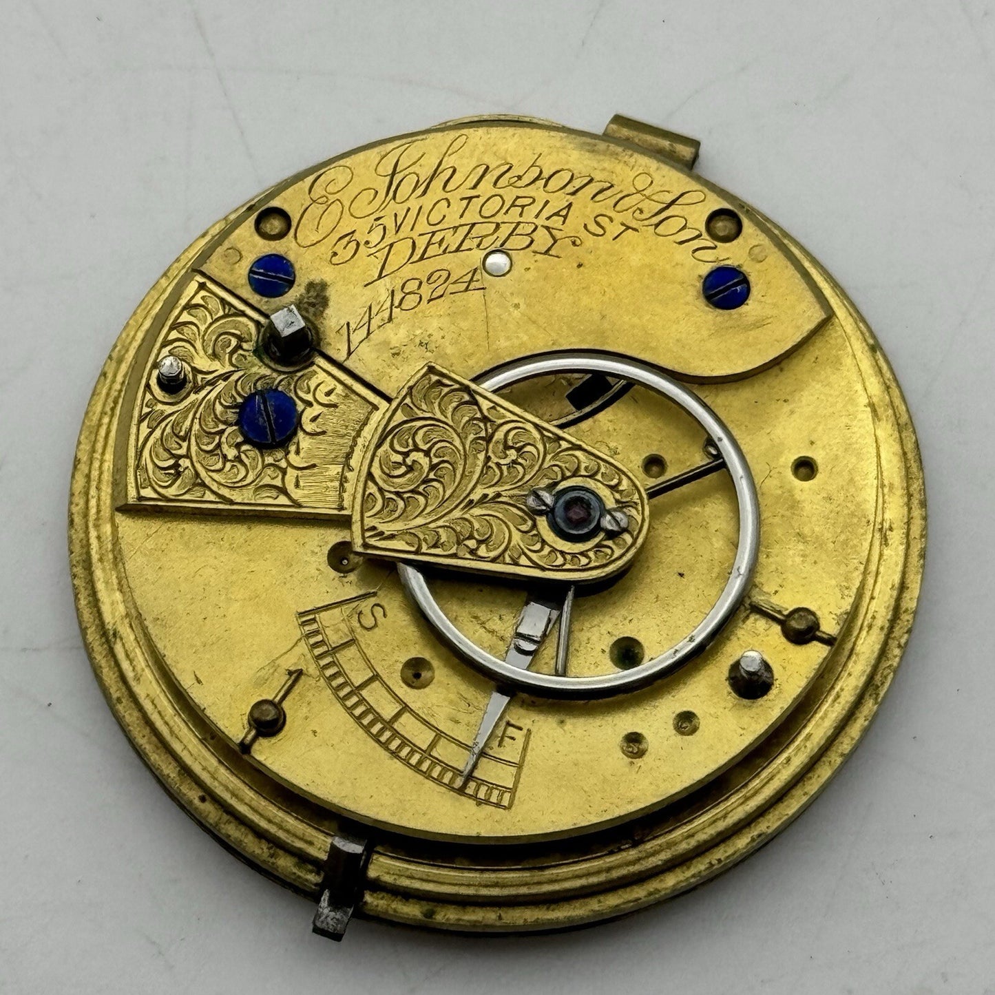 43mm Manual Wind E Johnson & Son Derby Pocket Watch Movement Dial FOR PARTS