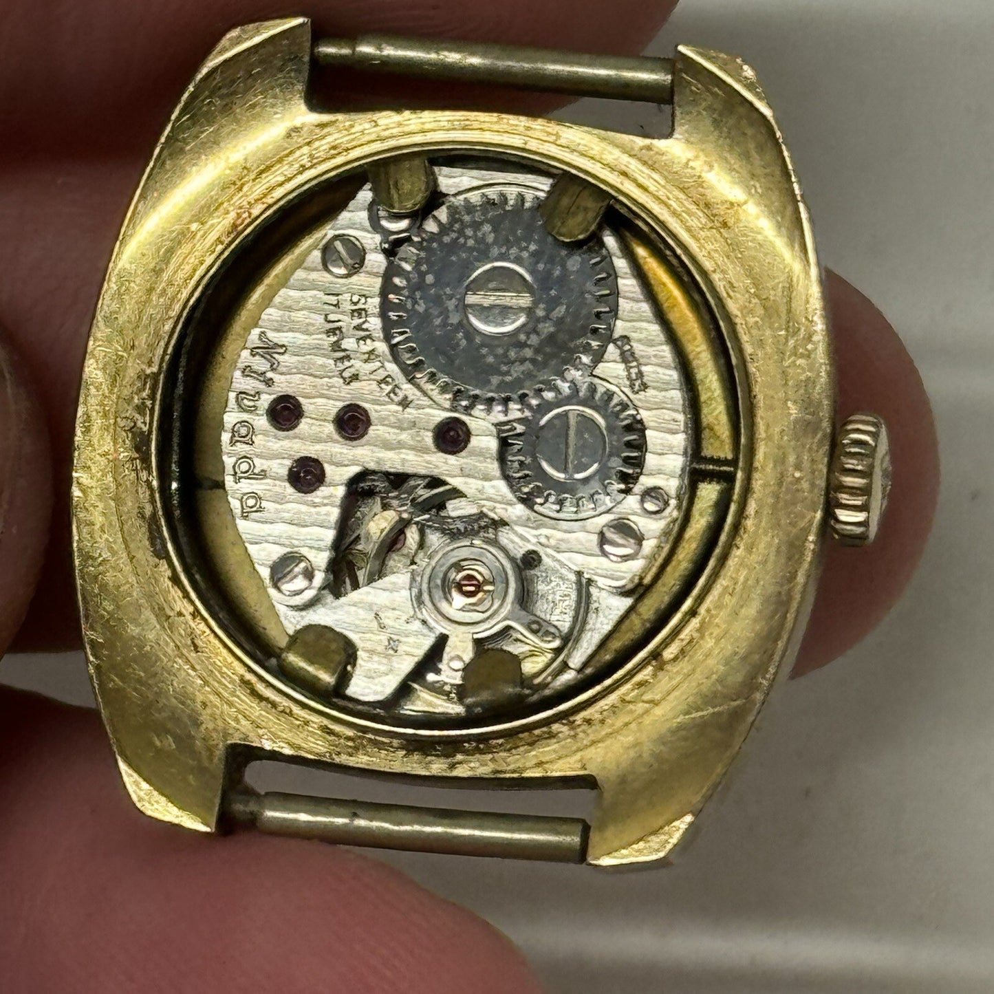 24mm Ladies Manual Wind Nivada Gold Plated Watch Head RUNS FOR PARTS TO RESTORE