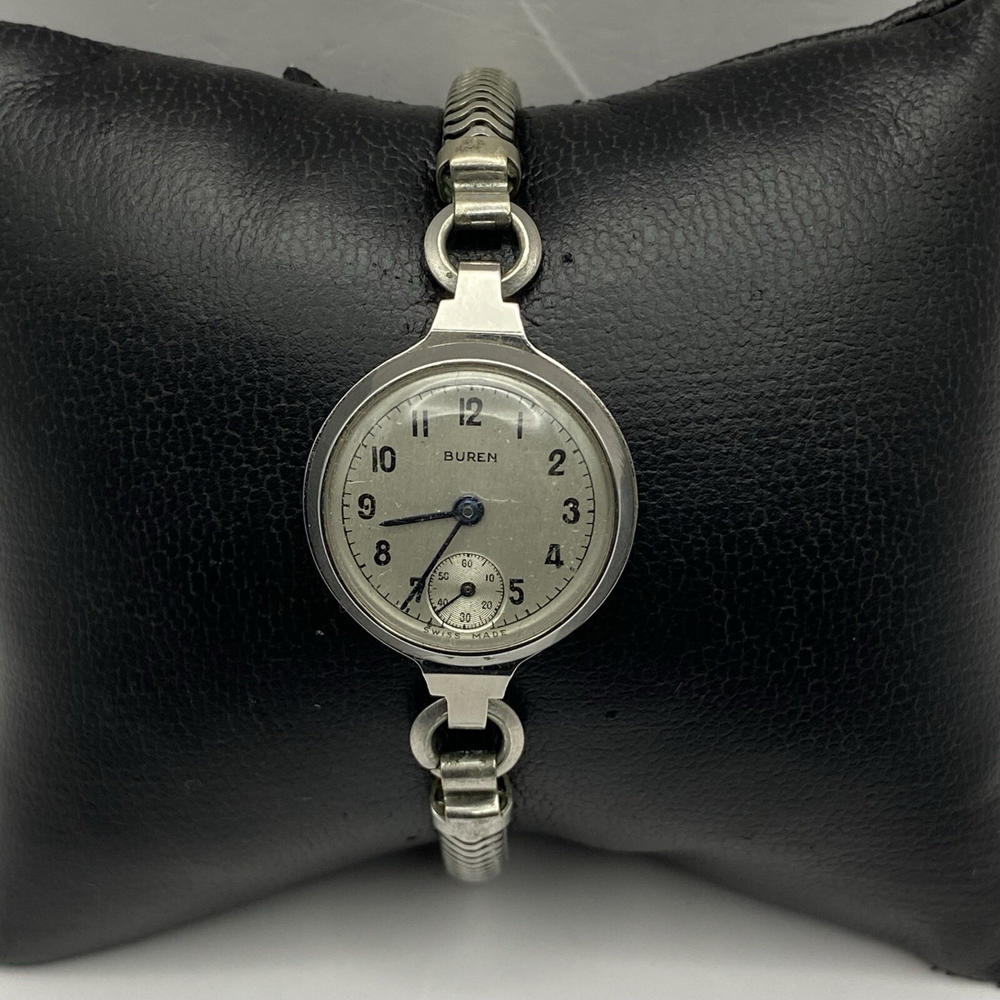 22mm Buren Sub Seconds Netonia Rodium Plated Strap Watch FOR PARTS
