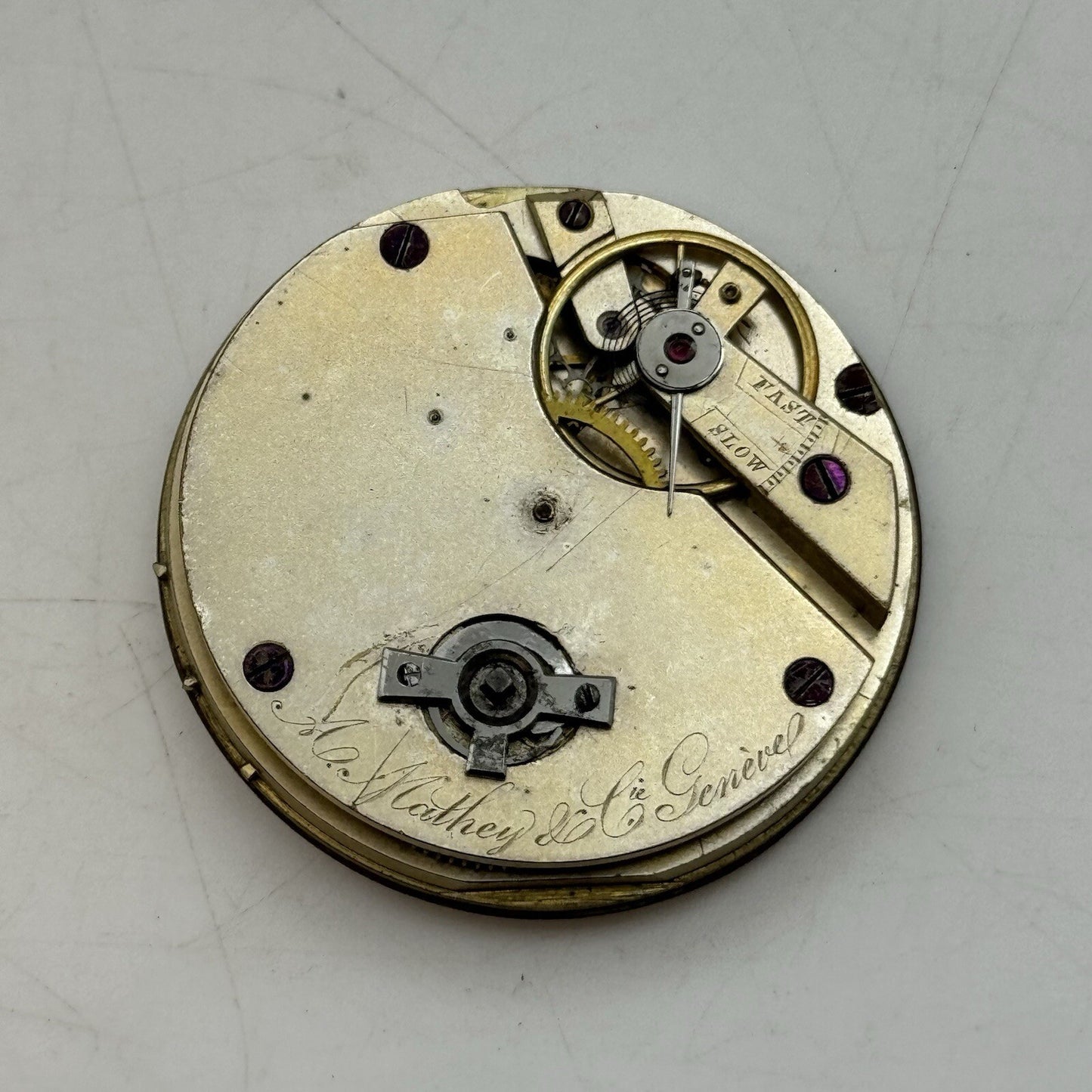 41mm A Mathey & Cie Geneve Pocket Watch Movement Dial FOR PARTS Restoration