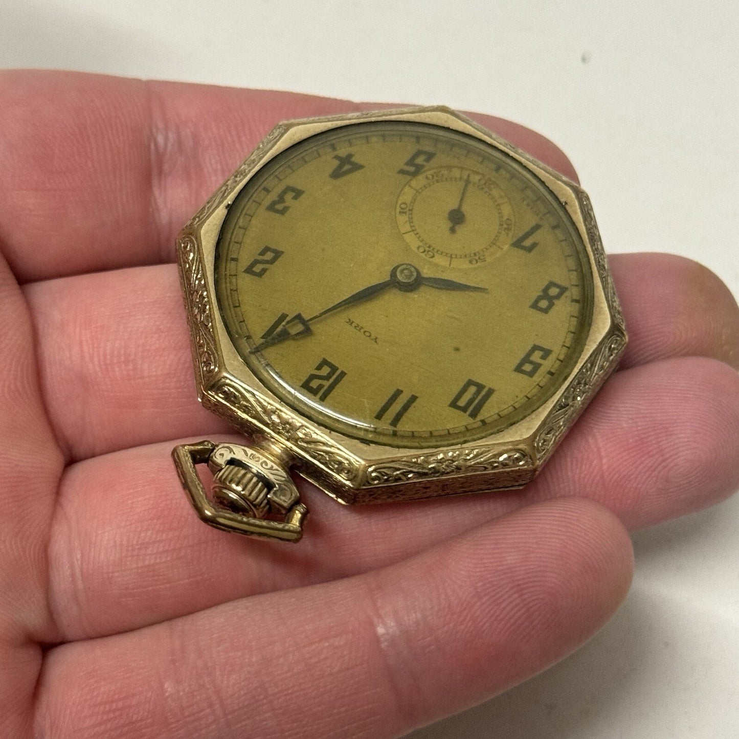 43mm WORKING Vintage Gold Filled York Octagonal Nawco Challenge Pocket Watch