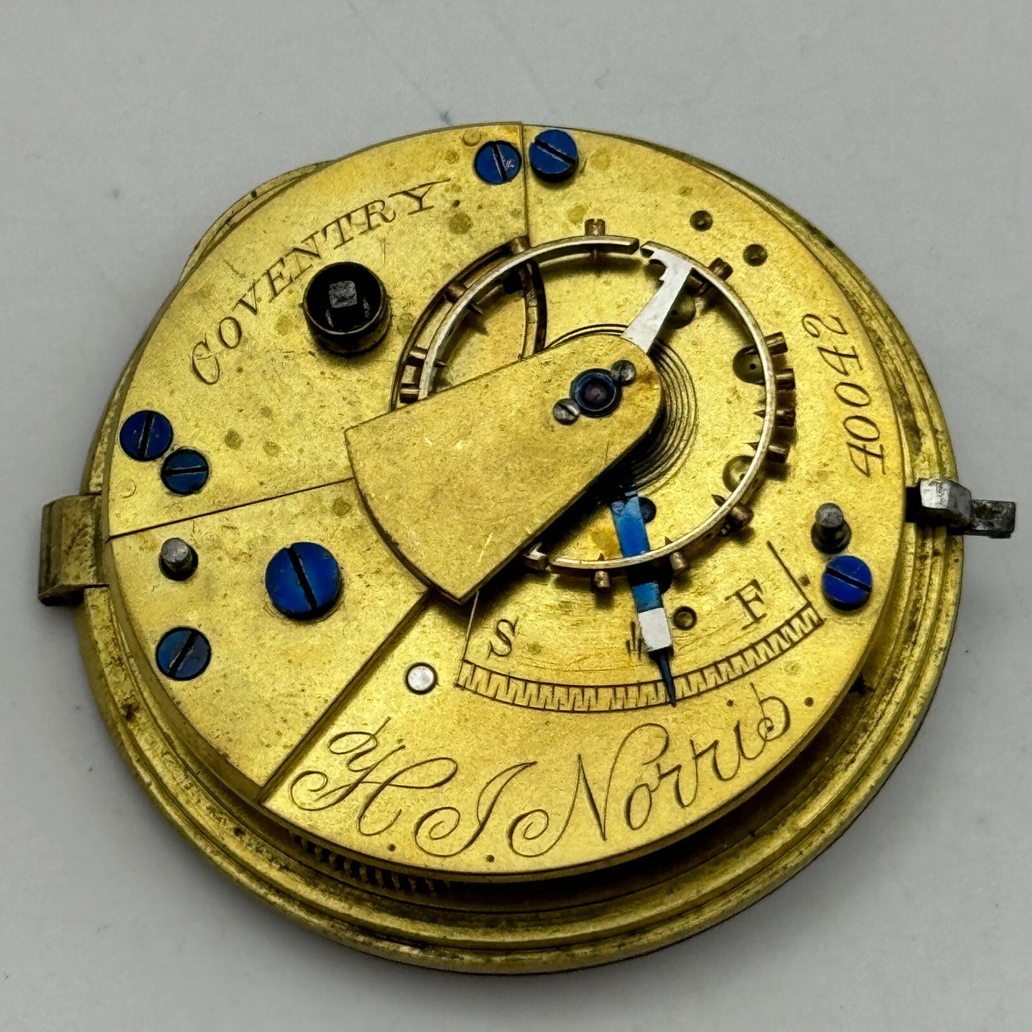 44.6mm Antique H J Norris Coventry Balance Intact Pocket Watch Movement PARTS