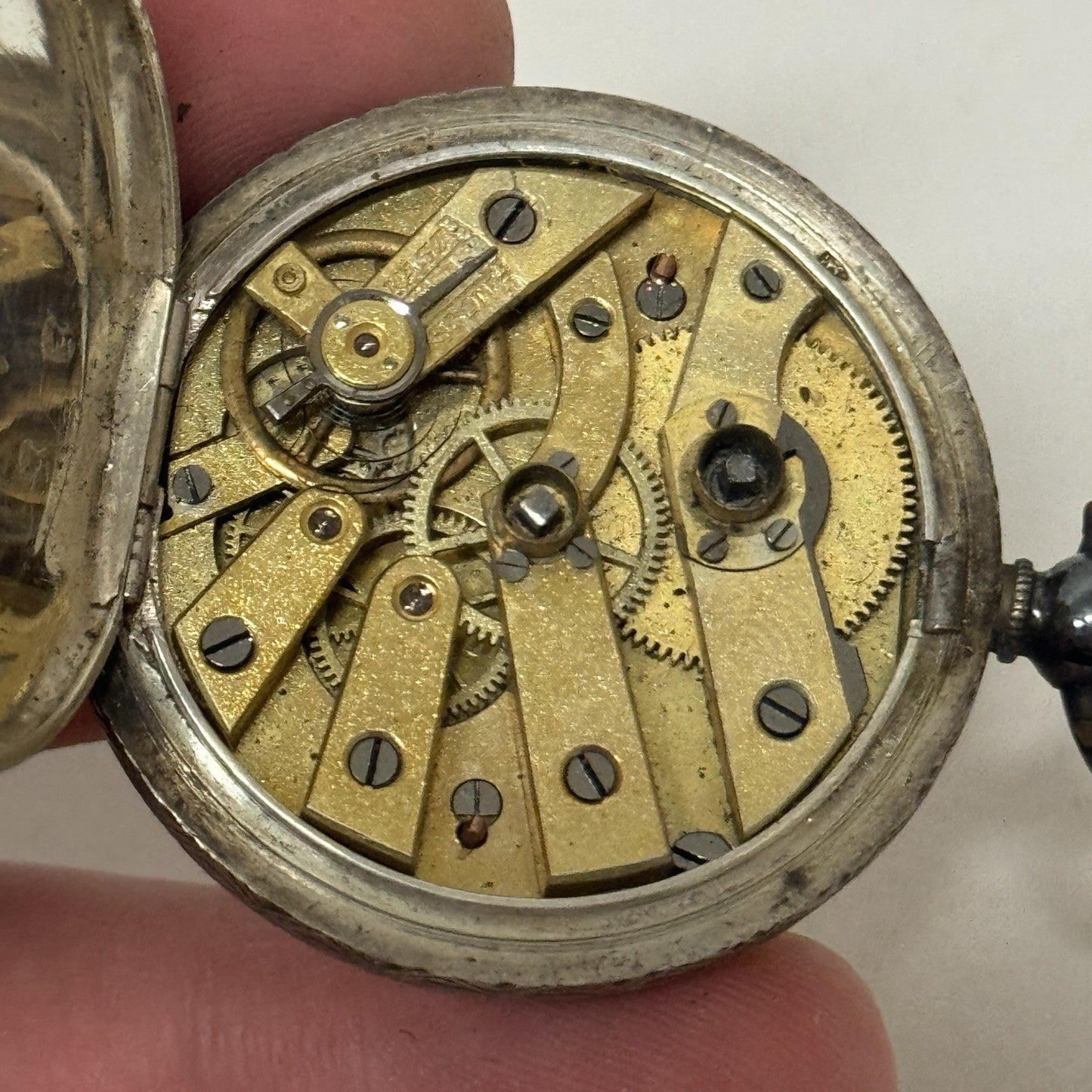 Antique Sterling Silver Patterned Dial Cylinder Pocket Watch & Outer Case PARTS