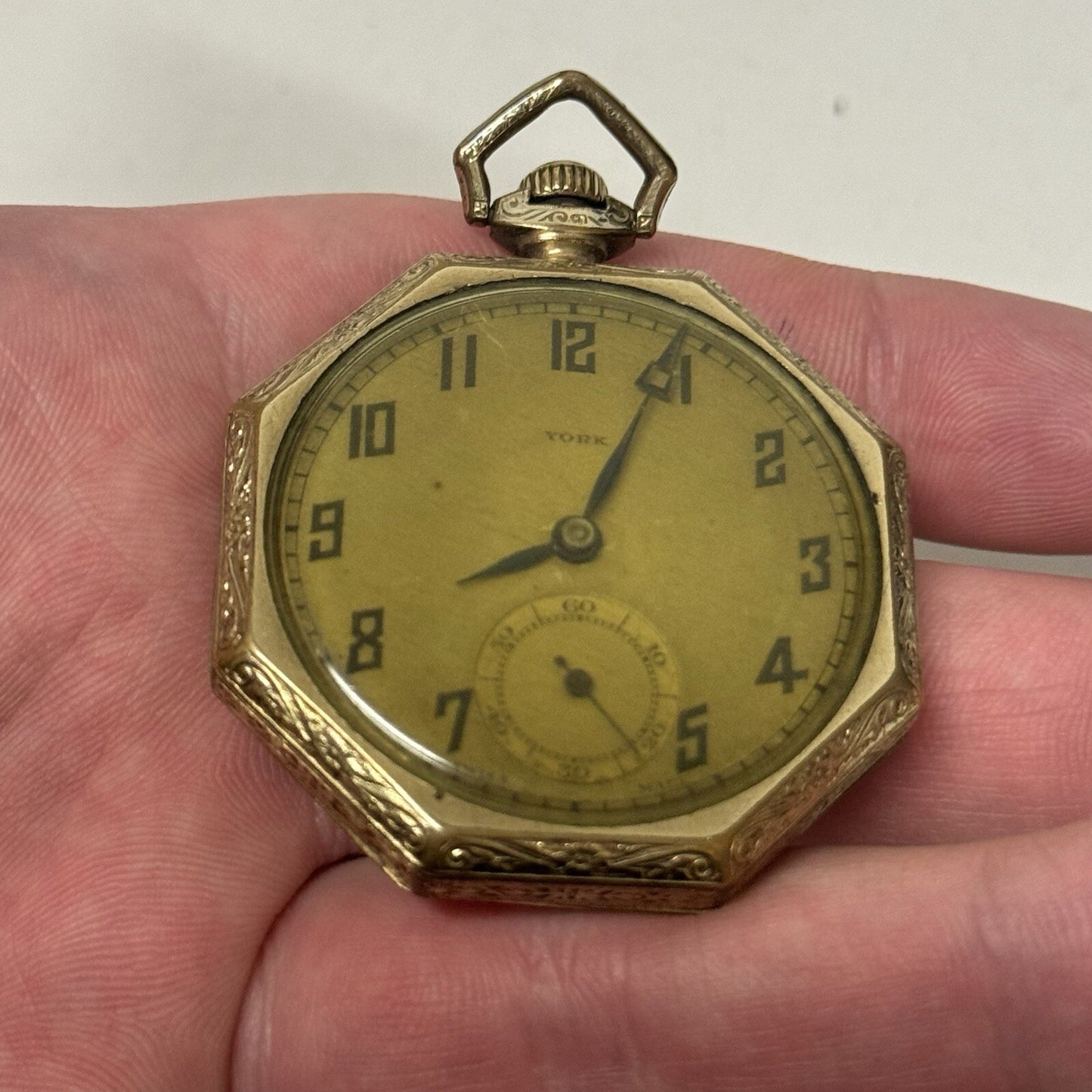 43mm WORKING Vintage Gold Filled York Octagonal Nawco Challenge Pocket Watch