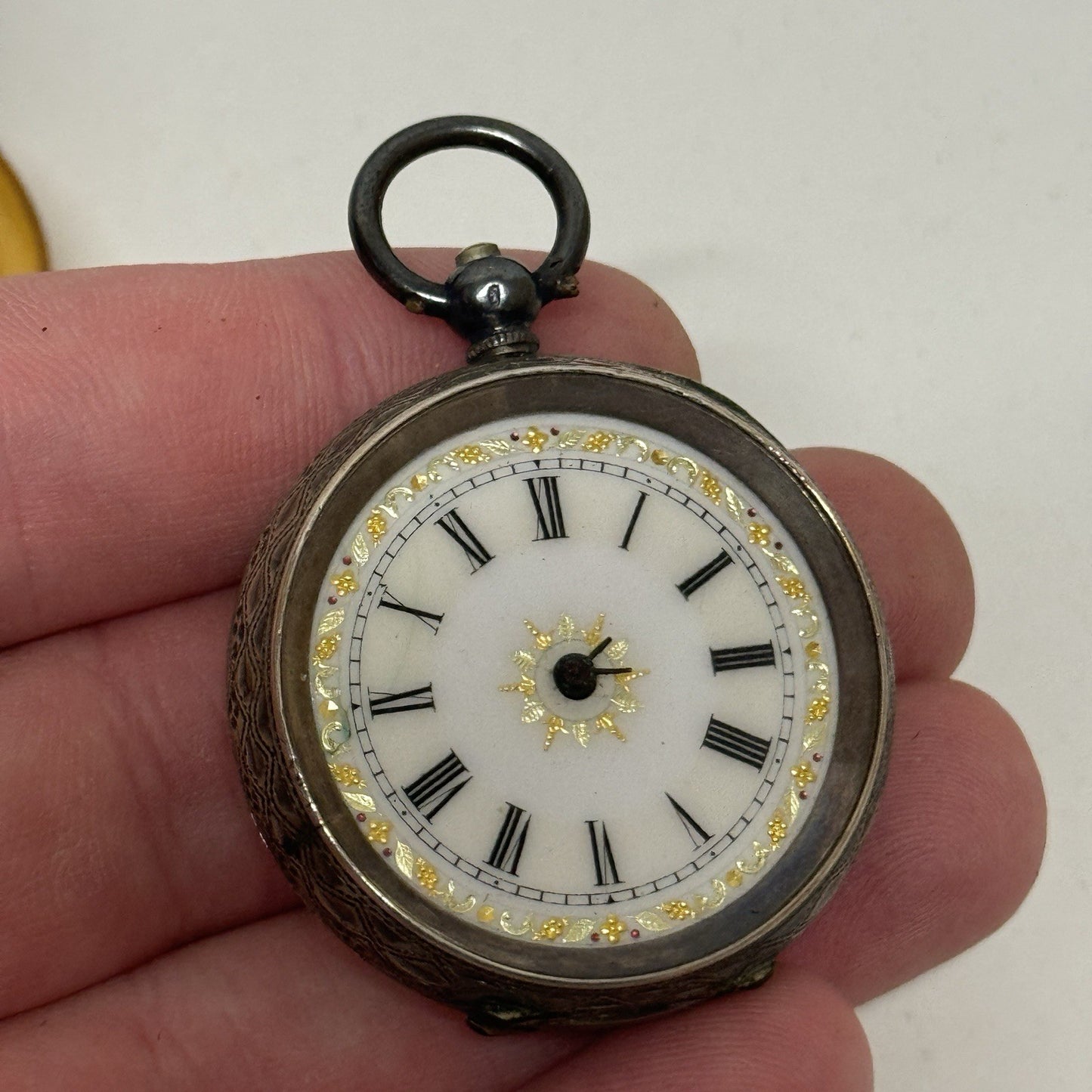 Antique Sterling Silver Patterned Dial Cylinder Pocket Watch & Outer Case PARTS