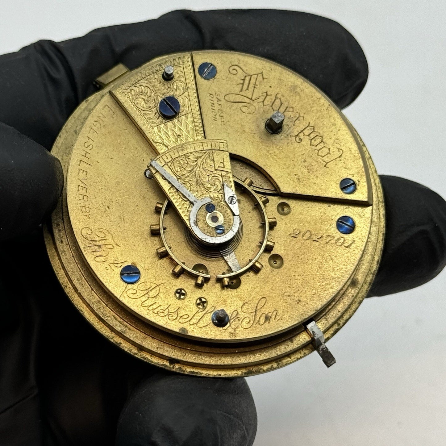 50mm Antique Thomas Russell & Son English Lever Pocket Watch Movement FOR PARTS