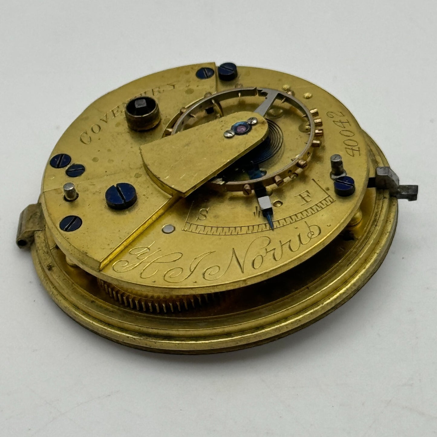 44.6mm Antique H J Norris Coventry Balance Intact Pocket Watch Movement PARTS