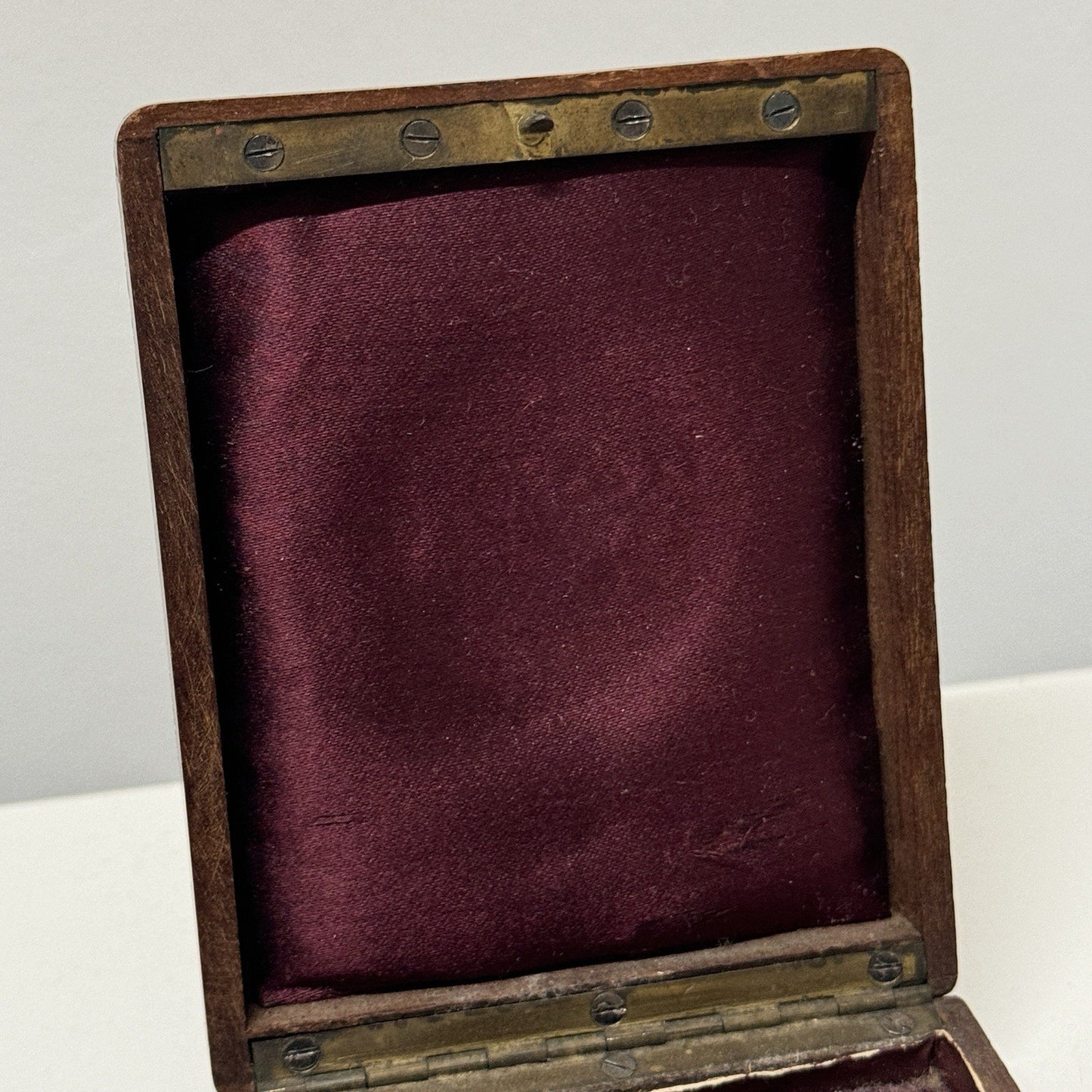 8cm x 10.5cm Antique Wooden Pocket Watch Box Purple Velvet Interior To Restore