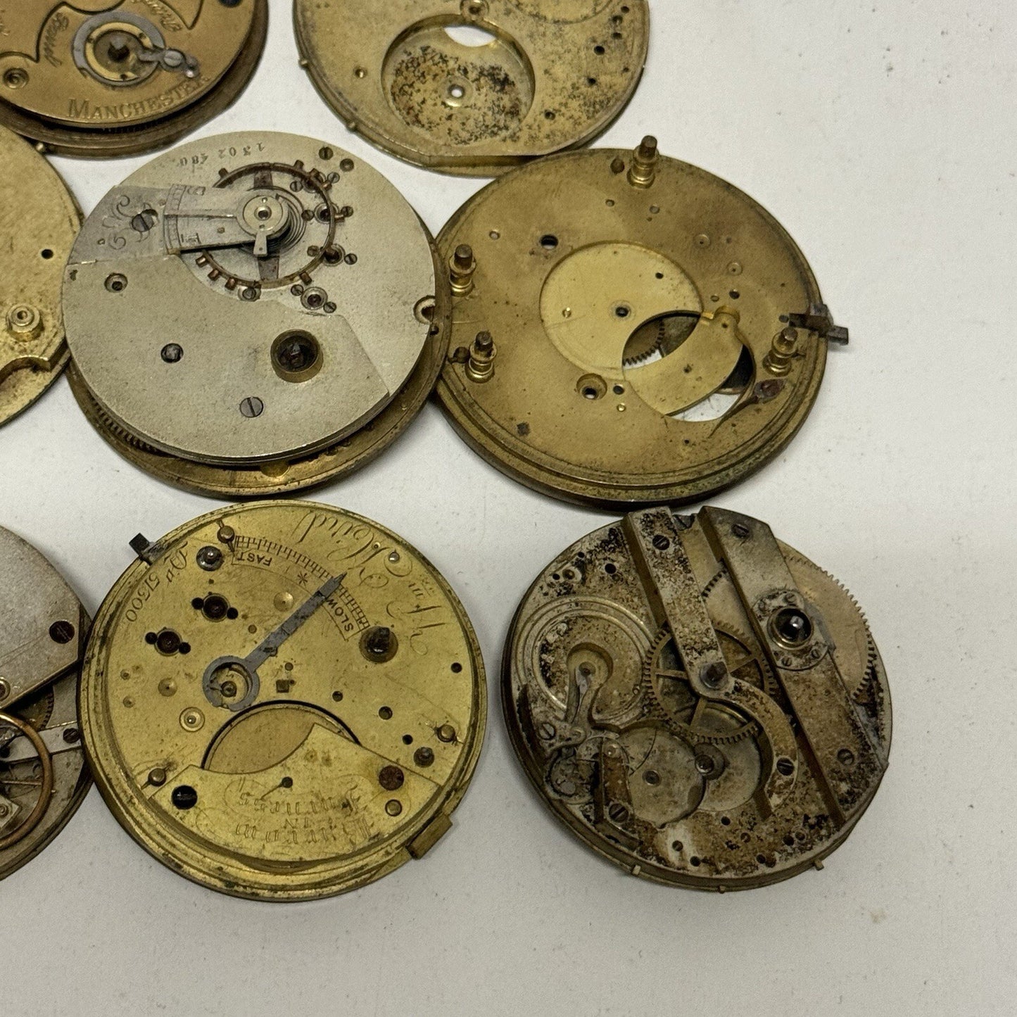 8 x Antique Manual Wind Pocket Watch Movements Parts Repair Bundle Job Lot
