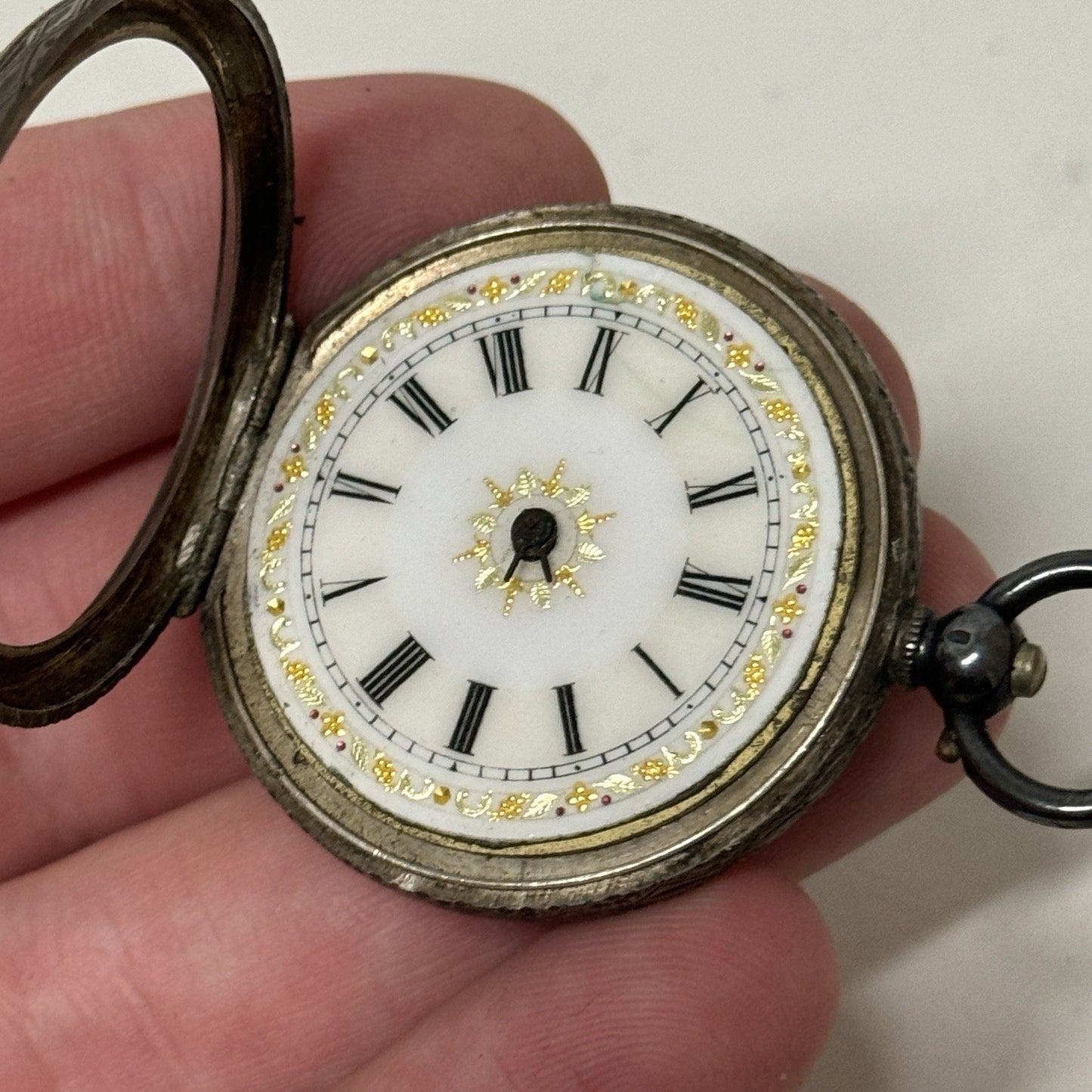 Antique Sterling Silver Patterned Dial Cylinder Pocket Watch & Outer Case PARTS