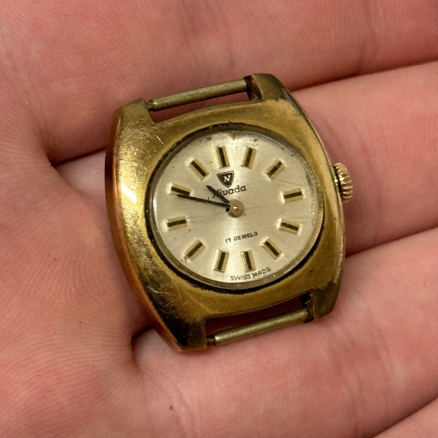 24mm Ladies Manual Wind Nivada Gold Plated Watch Head RUNS FOR PARTS TO RESTORE