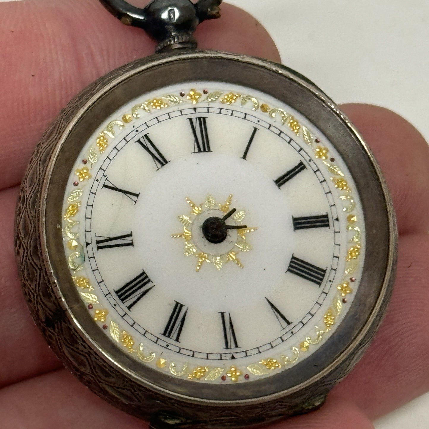 Antique Sterling Silver Patterned Dial Cylinder Pocket Watch & Outer Case PARTS