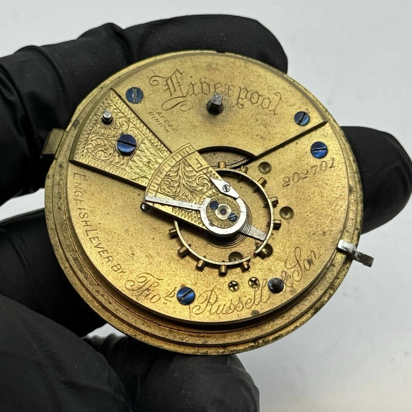 50mm Antique Thomas Russell & Son English Lever Pocket Watch Movement FOR PARTS