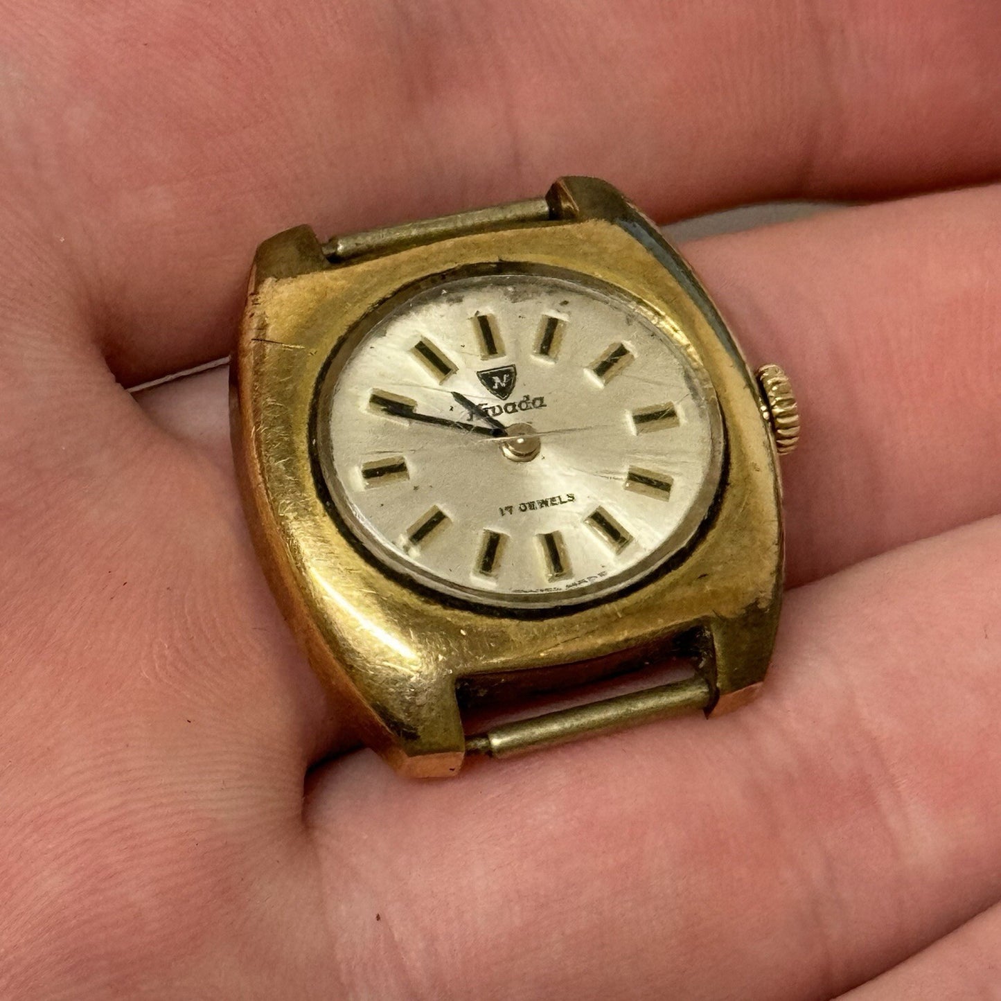 24mm Ladies Manual Wind Nivada Gold Plated Watch Head RUNS FOR PARTS TO RESTORE
