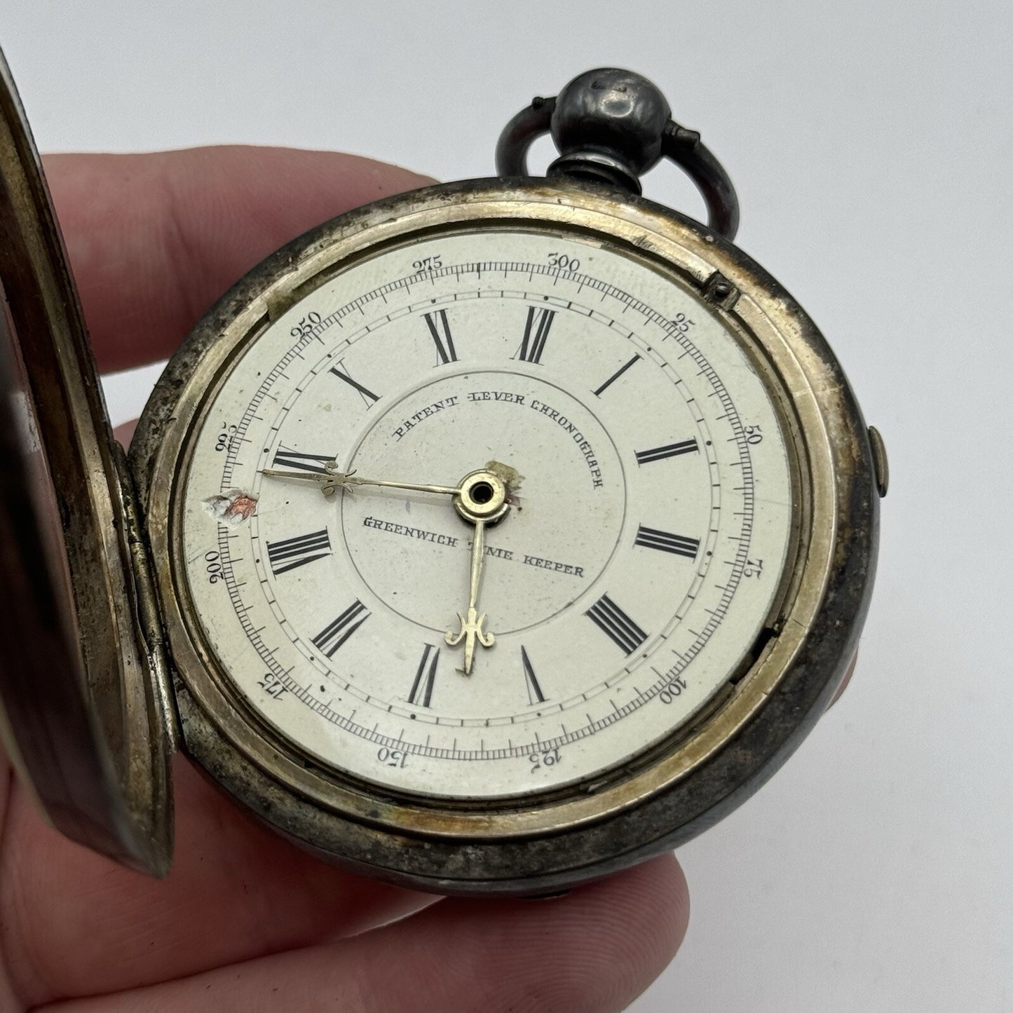 60mm Sterling Silver Patent Lever Chronograph Greenwich Time Keeper TO RESTORE