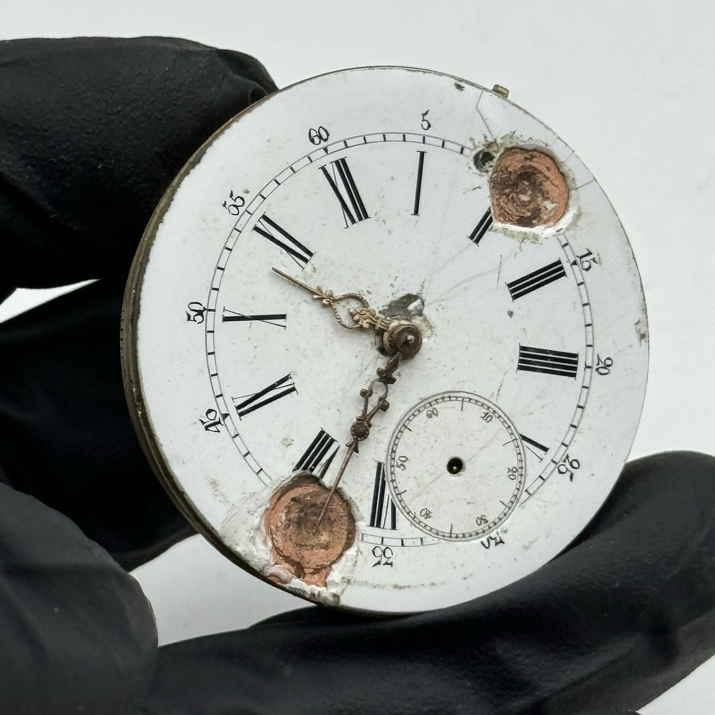 40.5mm Antique Top Wind Pocket Watch Movement - Porcelain Dial PARTS REPAIR