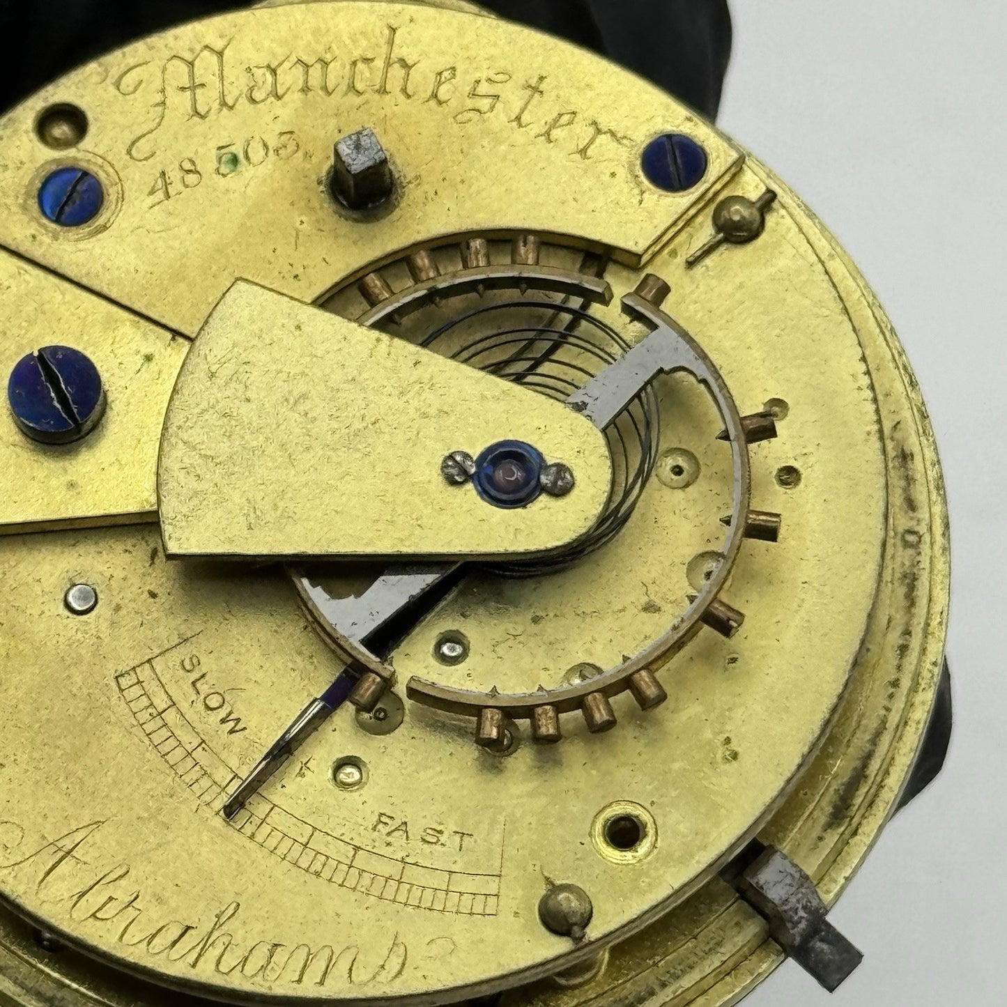 46.5mm Antique David Abrahams Manchester Key Wound Pocket Watch Movement PARTS