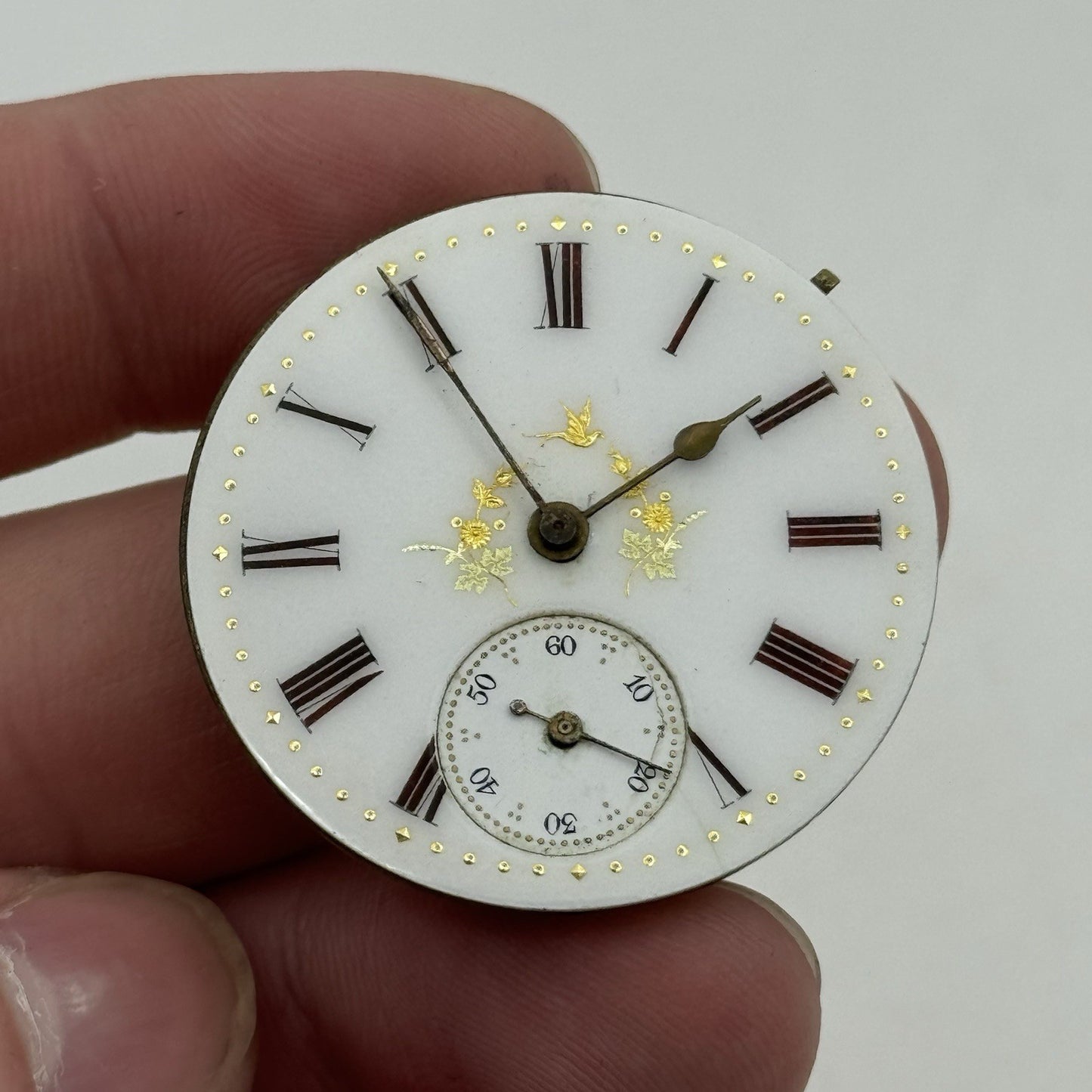 35.5mm Antique Beautiful Porcelain Dial Pocket Watch Movement - PARTS REPAIR