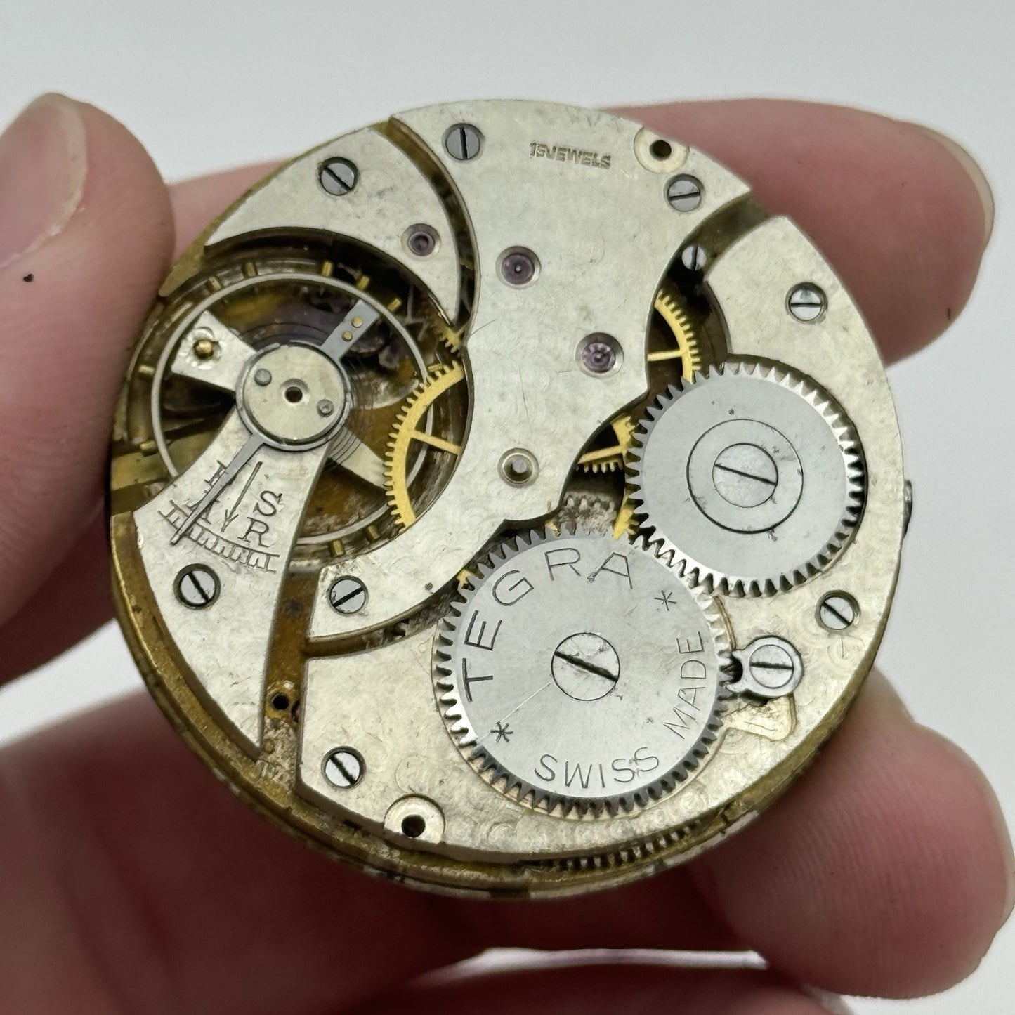 43.1mm Vintage Tegra 15 Jewels Good Balance Hunter Pocket Watch Movement PARTS