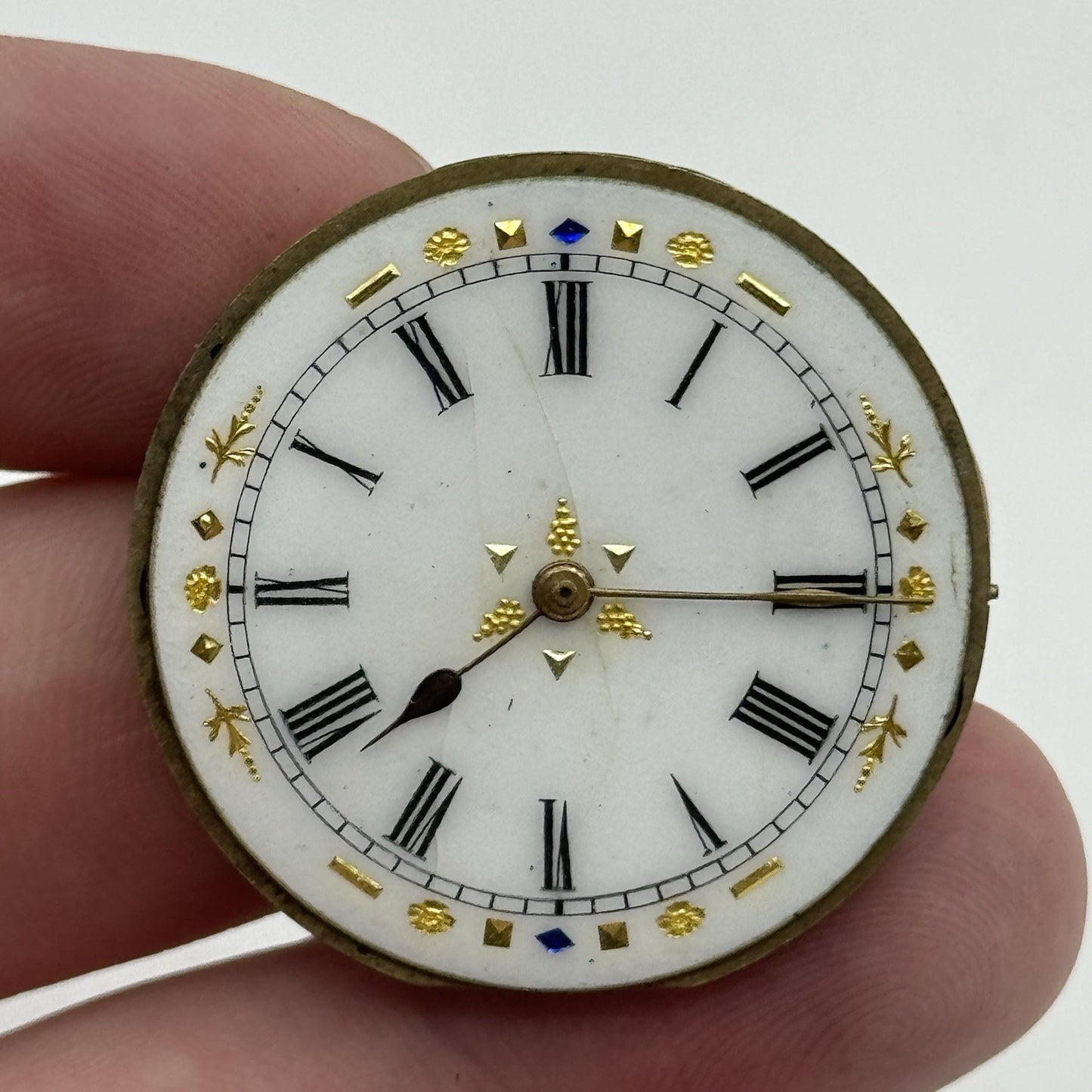 34mm Antique Beautiful Porcelain Dial Pocket Watch Movement - PARTS REPAIR