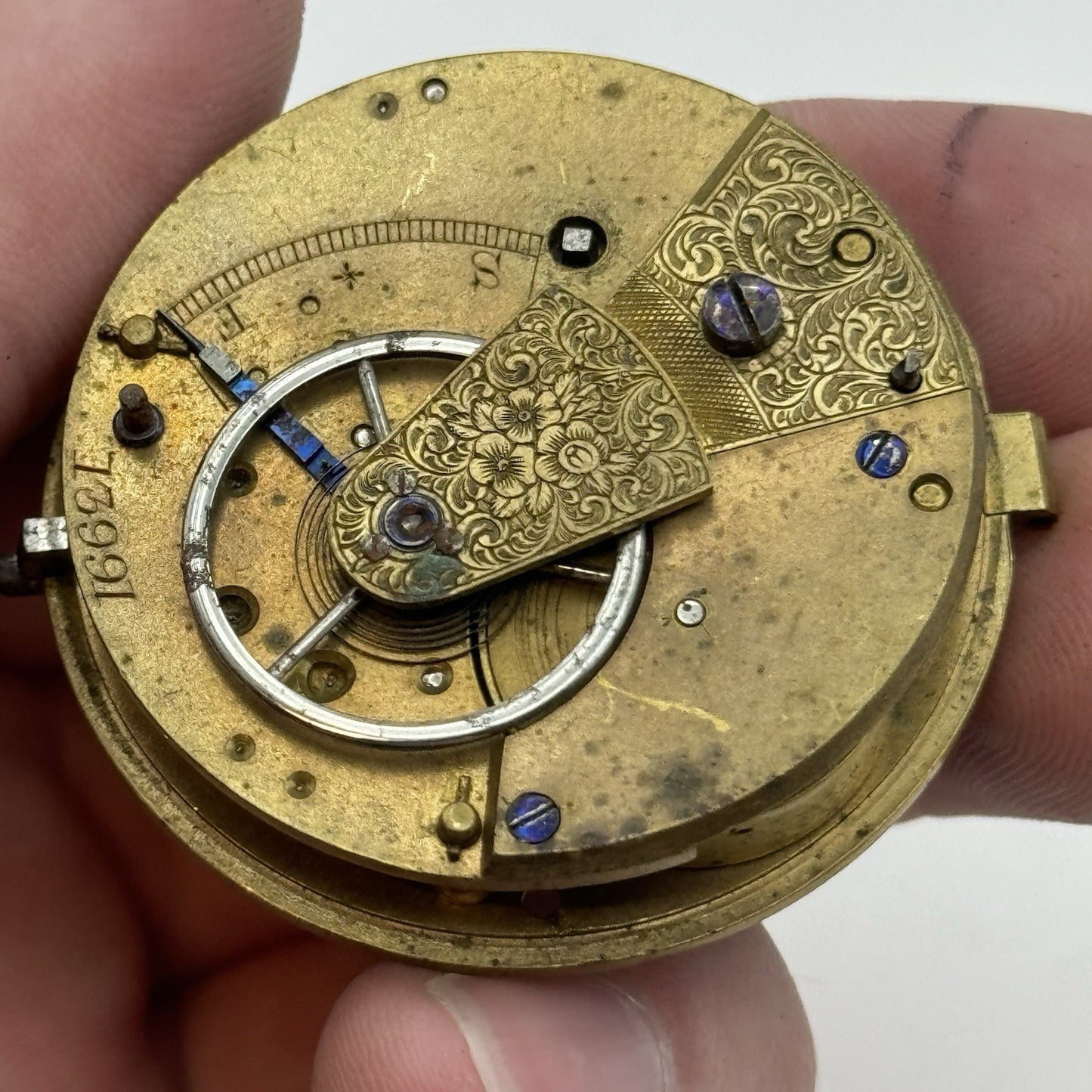 43mm Antique Fusee Pocket Watch Movement - Chain Missing PARTS REPAIR SPARES