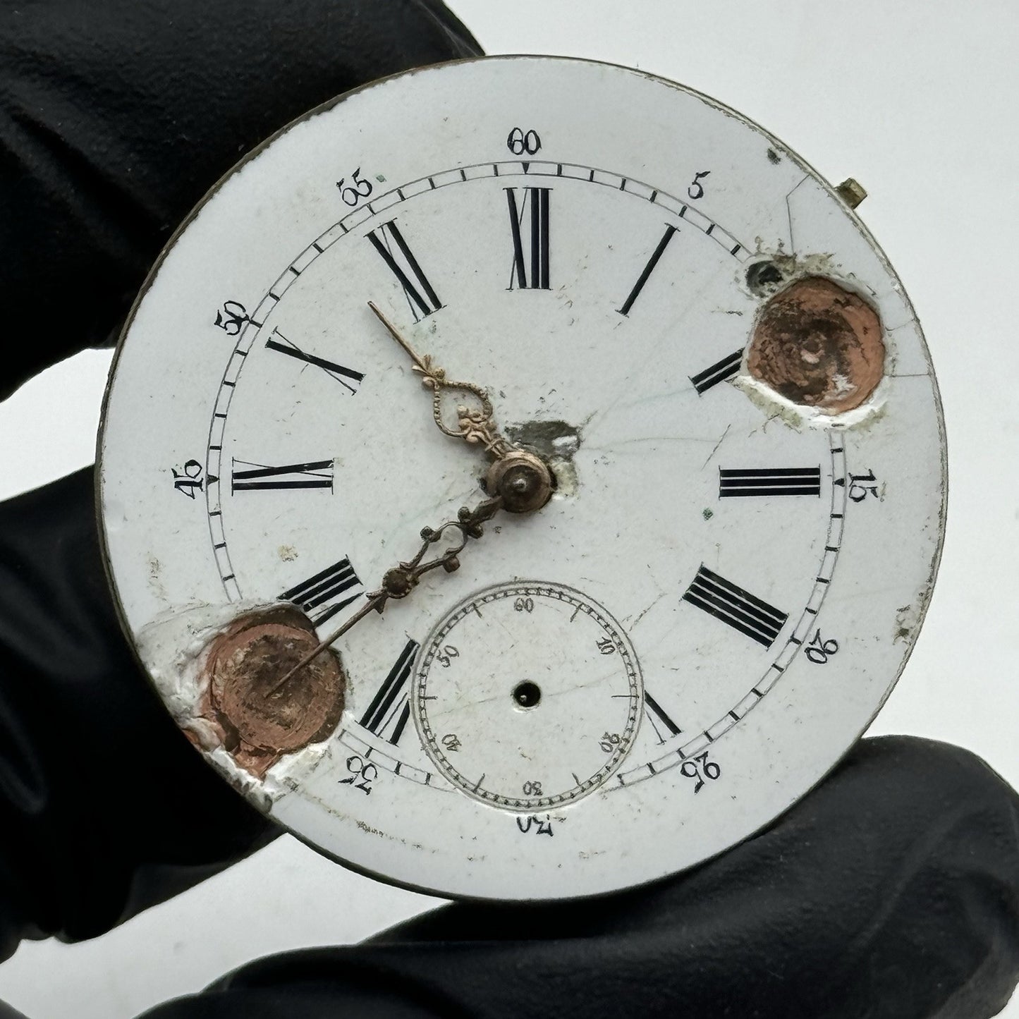 40.5mm Antique Top Wind Pocket Watch Movement - Porcelain Dial PARTS REPAIR