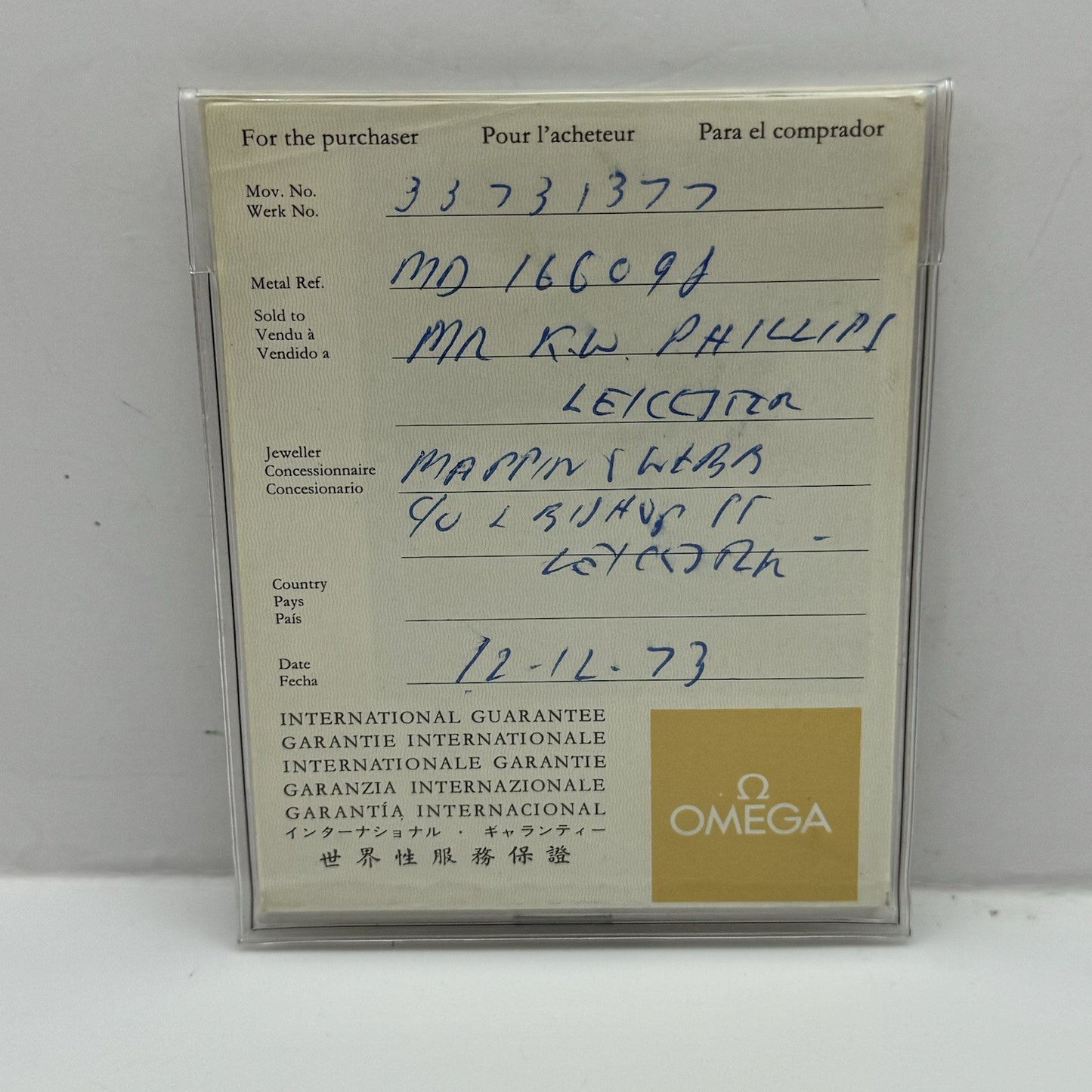 1973 Omega F300 Chronometer International Warantee Papers Saffron Hill London