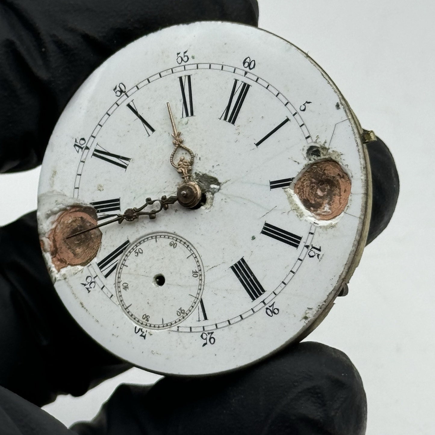 40.5mm Antique Top Wind Pocket Watch Movement - Porcelain Dial PARTS REPAIR