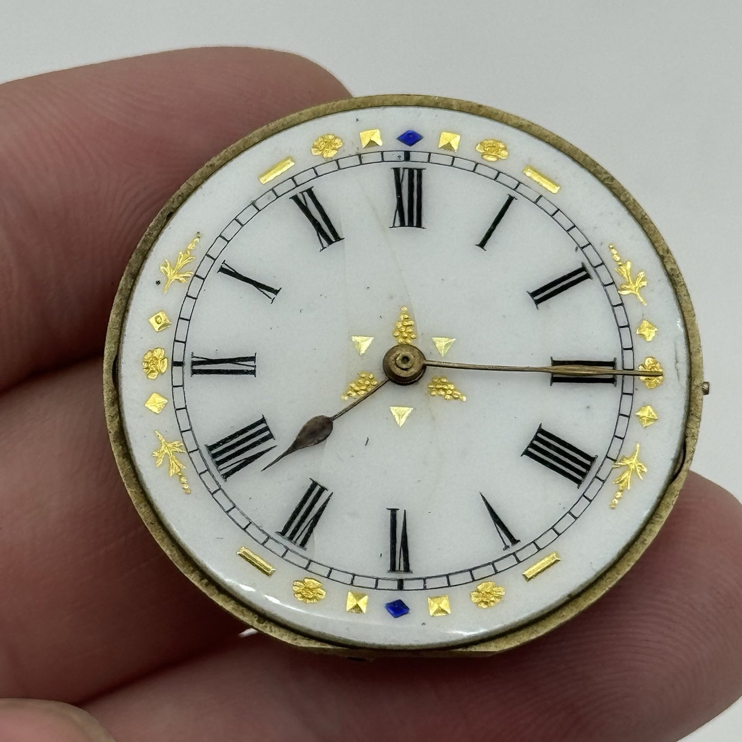 34mm Antique Beautiful Porcelain Dial Pocket Watch Movement - PARTS REPAIR