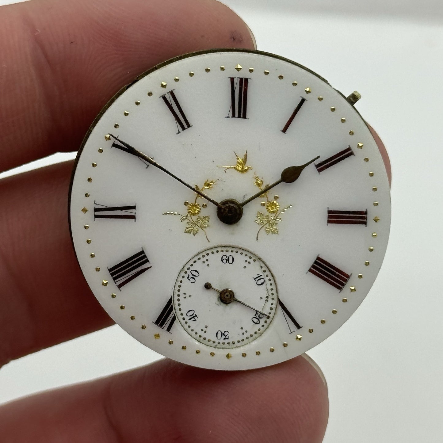 35.5mm Antique Beautiful Porcelain Dial Pocket Watch Movement - PARTS REPAIR