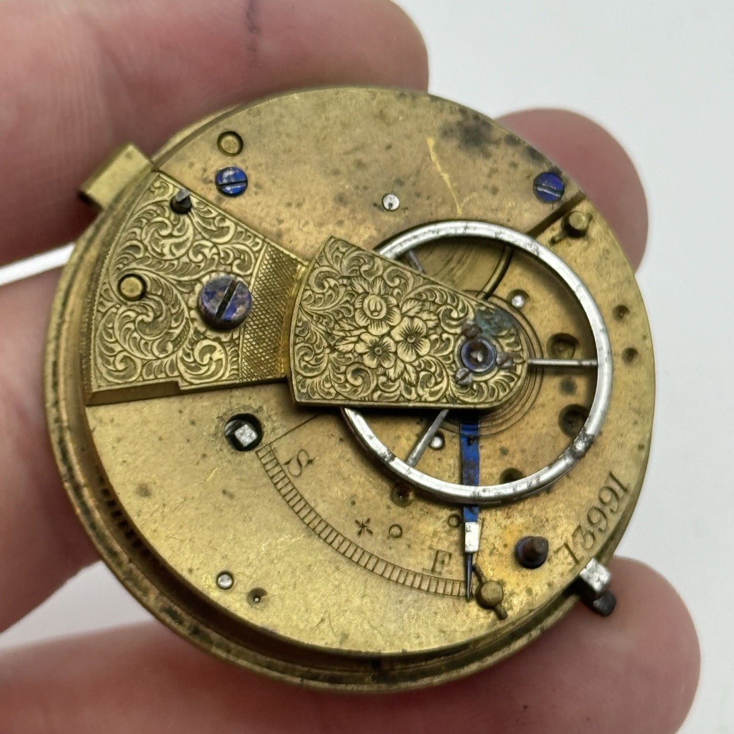 43mm Antique Fusee Pocket Watch Movement - Chain Missing PARTS REPAIR SPARES