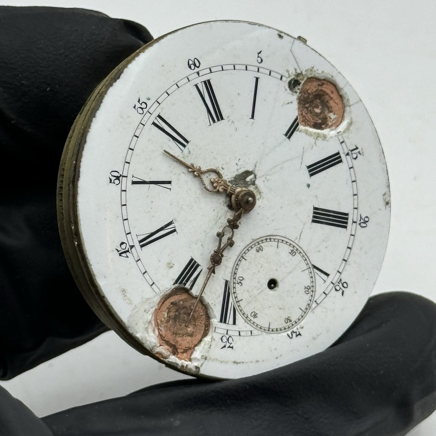 40.5mm Antique Top Wind Pocket Watch Movement - Porcelain Dial PARTS REPAIR